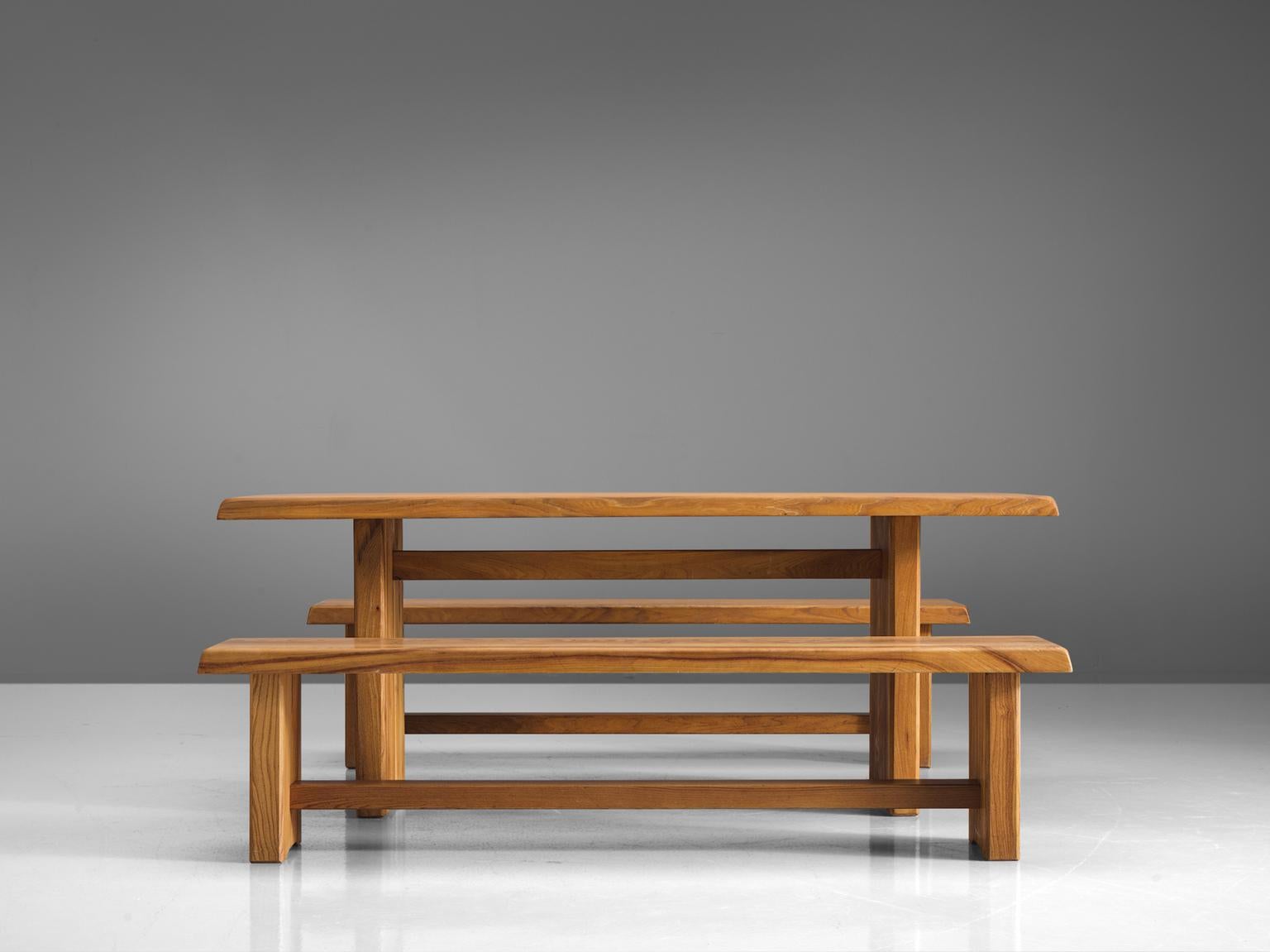 French Pierre Chapo Elm Table with Benches