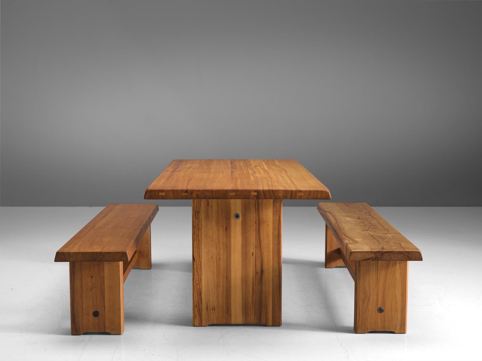 Pierre Chapo Elm Table with Benches In Good Condition In Waalwijk, NL