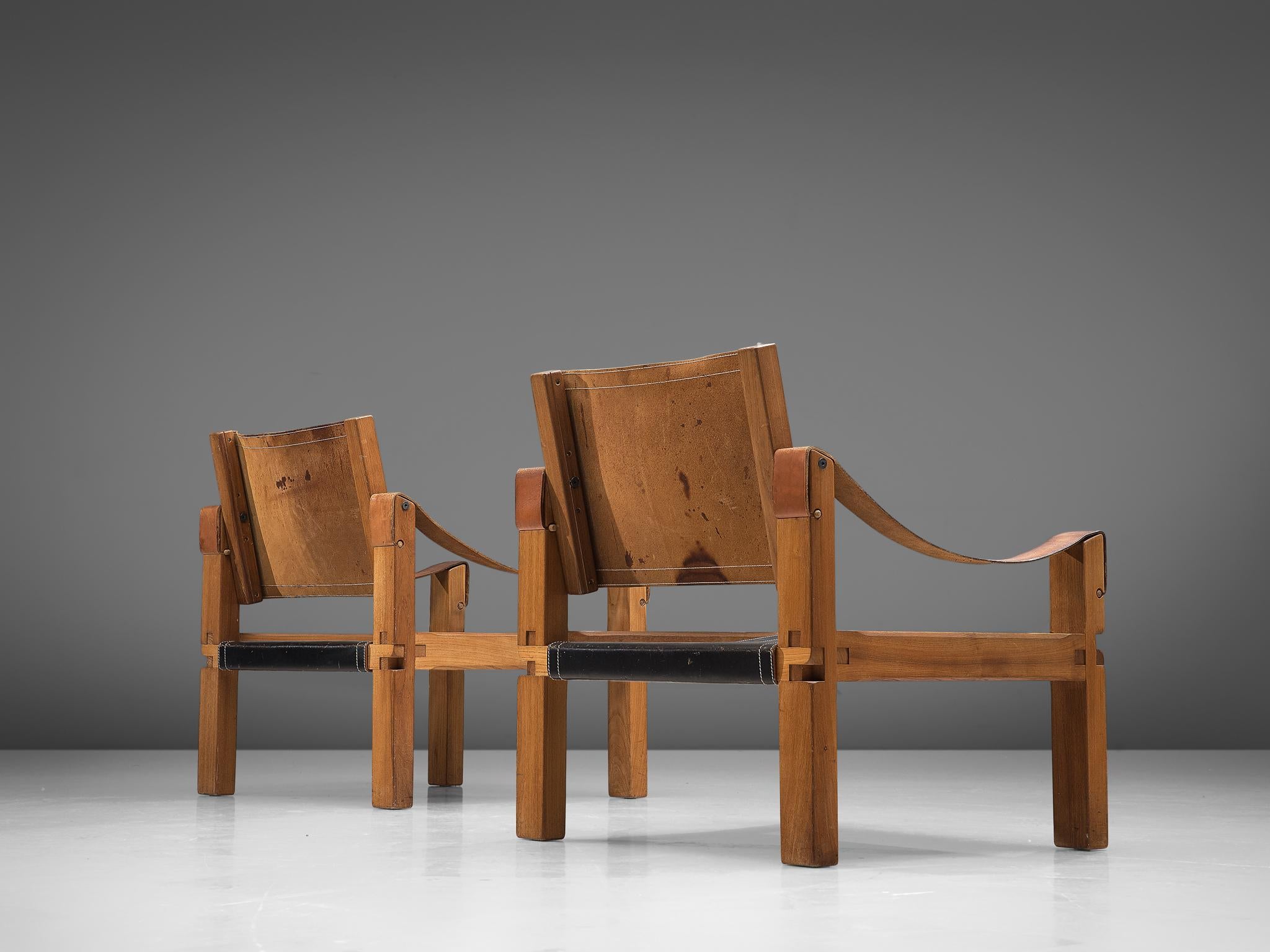 Mid-Century Modern Pierre Chapo Grand Patinated Black Leather Elm Chairs S10X, circa 1964