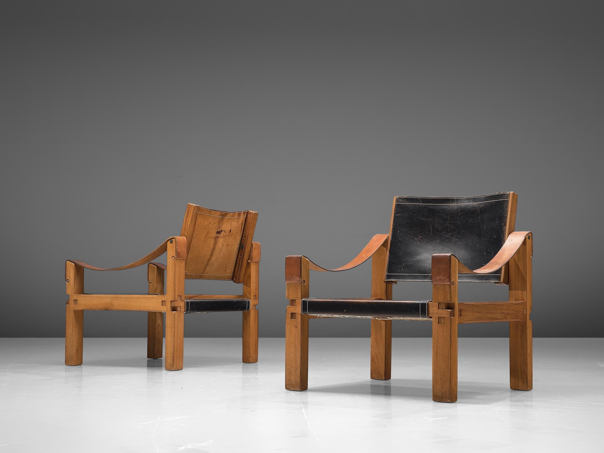 French Pierre Chapo Grand Patinated Black Leather Elm Chairs S10X, circa 1964