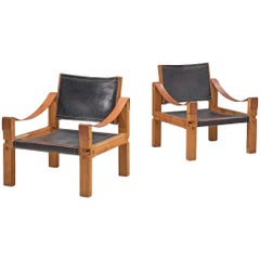 Pierre Chapo Grand Patinated Black Leather Elm Chairs S10X, circa 1964