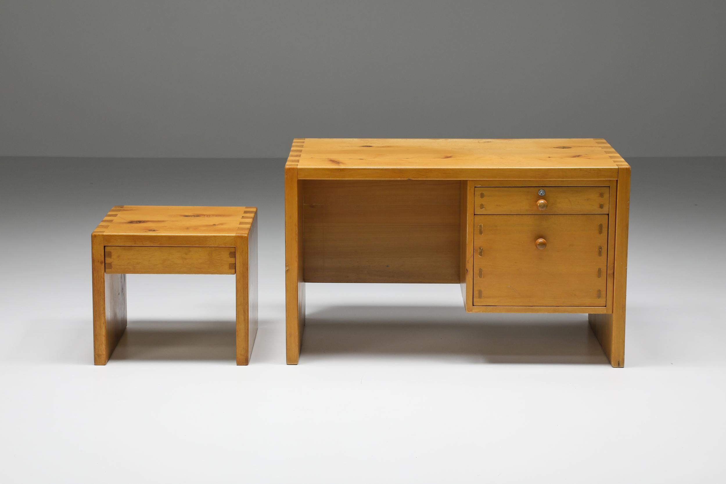 Wood  Pierre Chapo Insp. Office Desk with Drawers, French Craftsmanship, 1960's