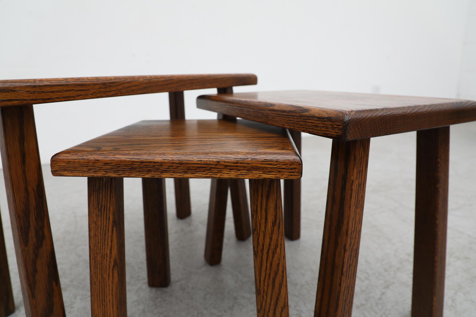 Pierre Chapo Inspired Brutalist Dark Oak Nesting Tables with Tiger Grain For Sale 4