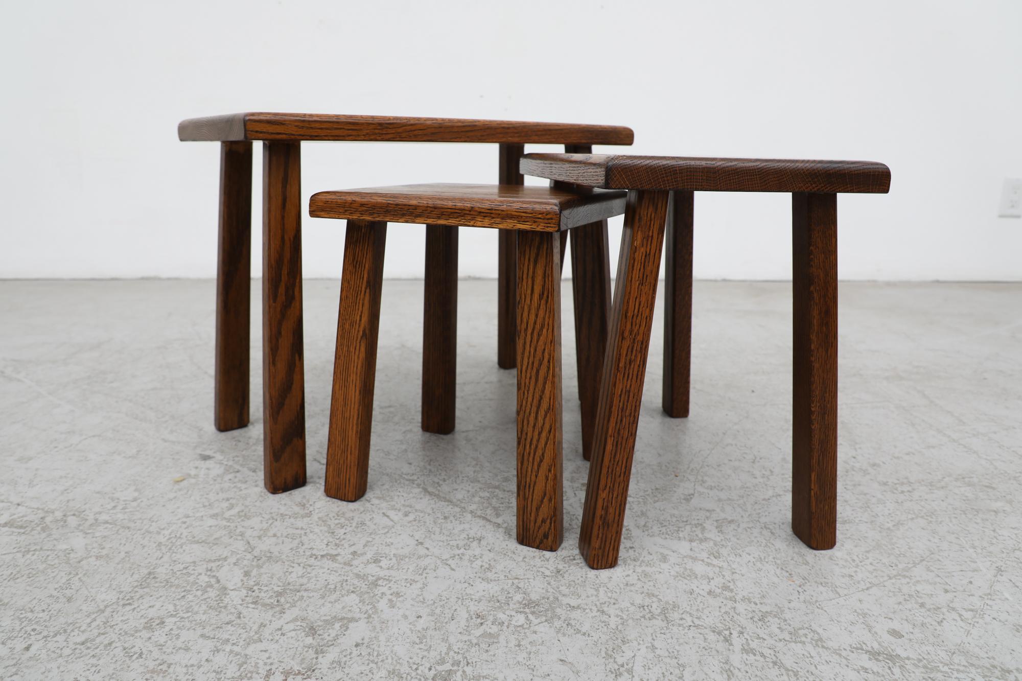 Pierre Chapo Inspired Brutalist Dark Oak Nesting Tables with Tiger Grain For Sale 5