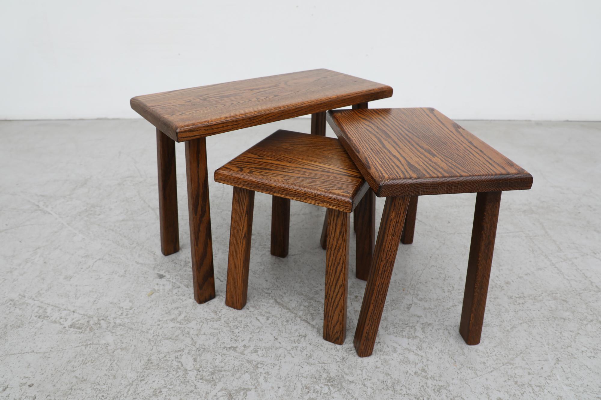 Pierre Chapo Inspired Brutalist Dark Oak Nesting Tables with Tiger Grain For Sale 8