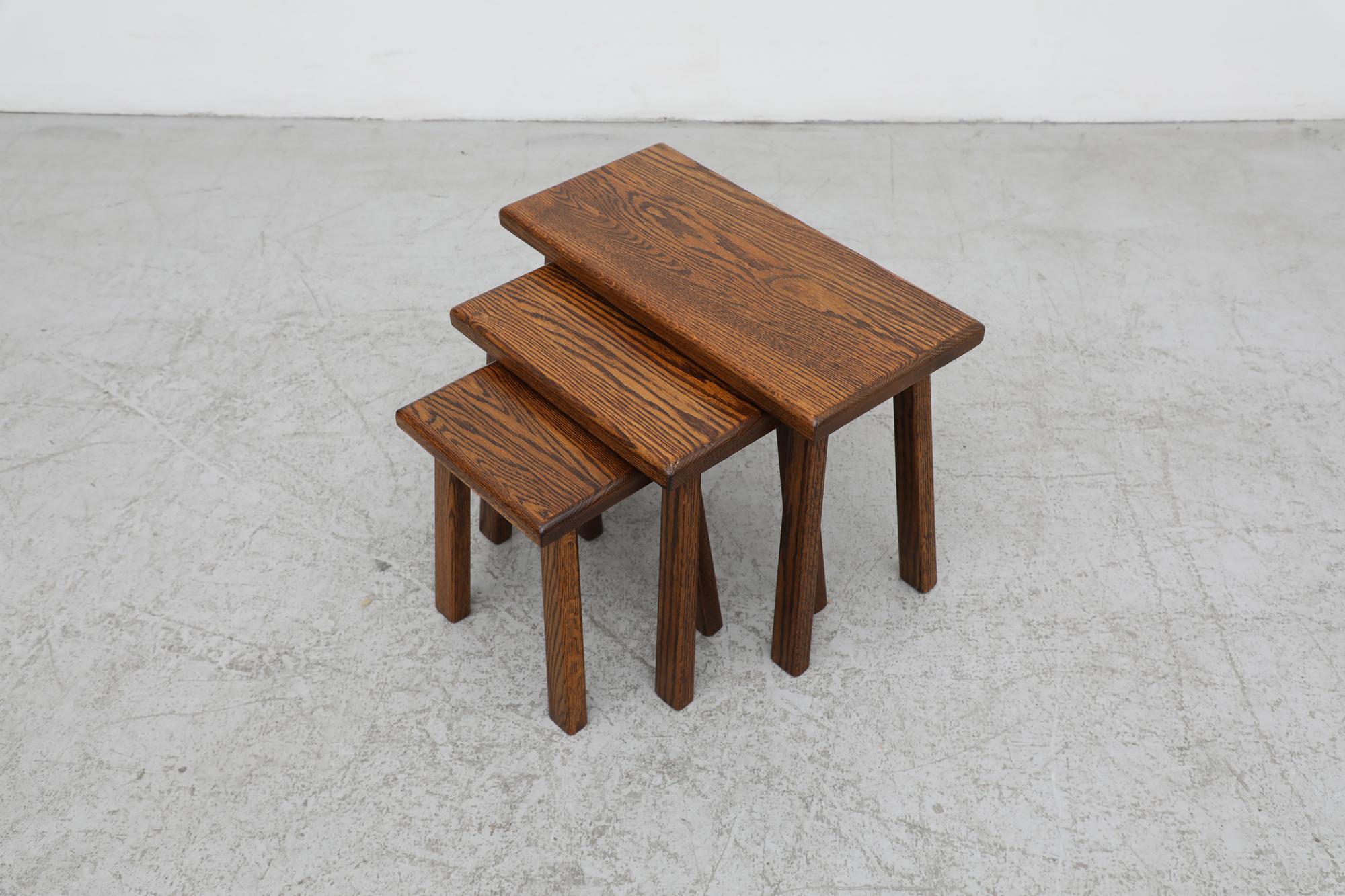 Mid-20th Century Pierre Chapo Inspired Brutalist Dark Oak Nesting Tables with Tiger Grain For Sale