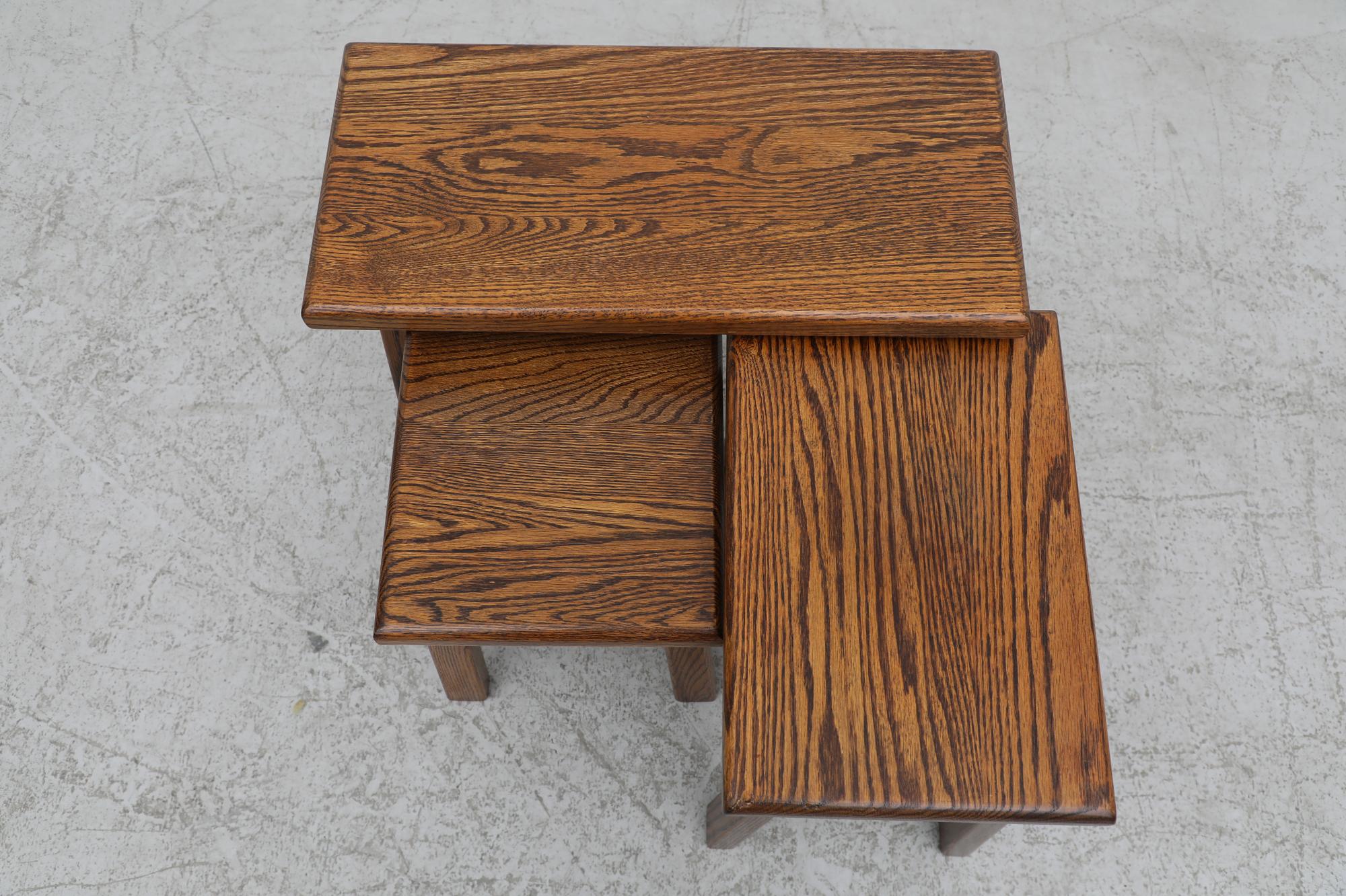 Pierre Chapo Inspired Brutalist Dark Oak Nesting Tables with Tiger Grain For Sale 1