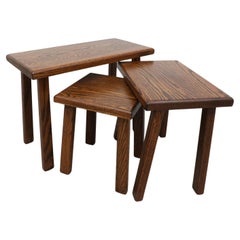 Retro Pierre Chapo Inspired Brutalist Dark Oak Nesting Tables with Tiger Grain