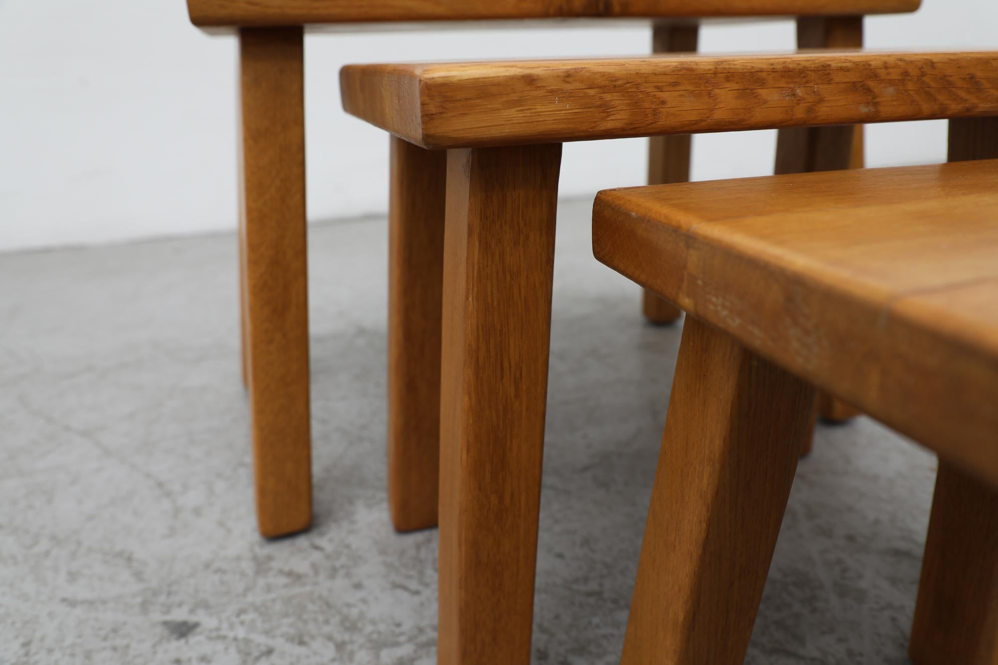 Set of 3 Pierre Chapo Inspired Brutalist Light Oak Nesting Tables For Sale 8