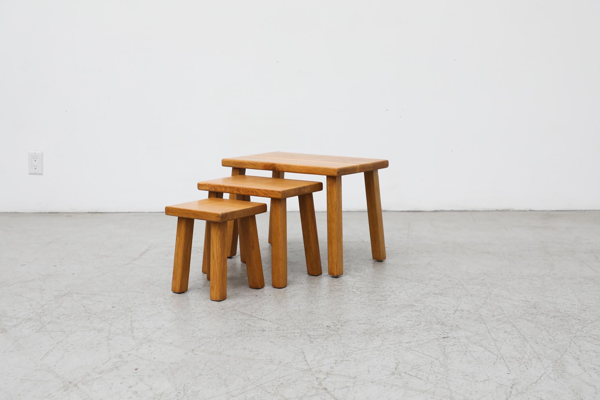 Set of 3 Pierre Chapo Inspired Brutalist Light Oak Nesting Tables For Sale 10