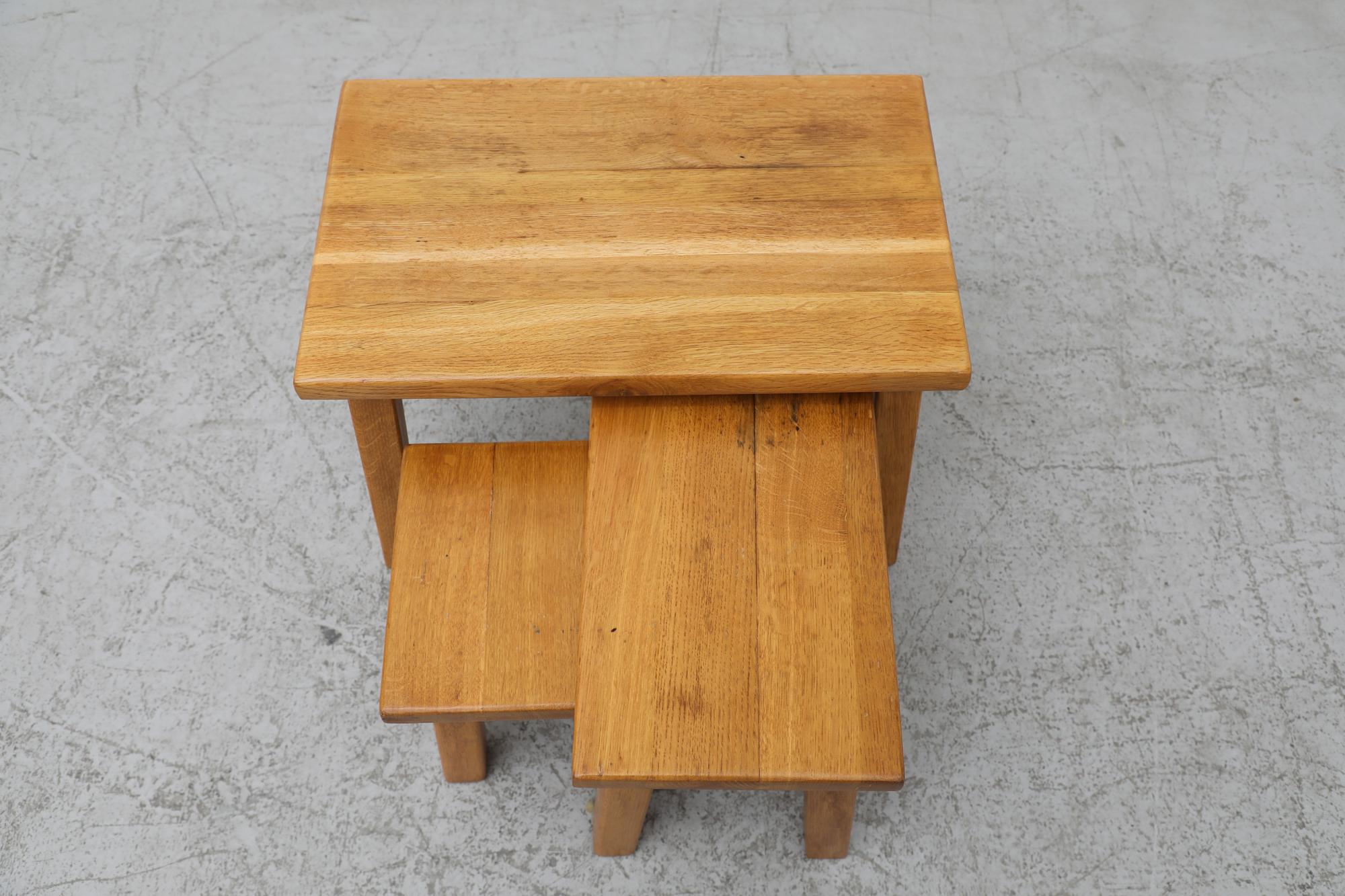 Mid-20th Century Set of 3 Pierre Chapo Inspired Brutalist Light Oak Nesting Tables For Sale
