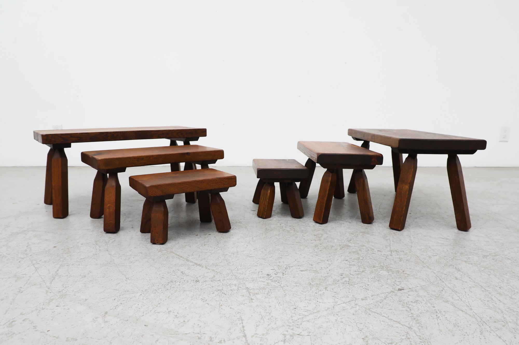 Set of 3 Brutalist dark oak nesting tables with hand waxed finish. The small table measures 12.625 x 7.875 x 8