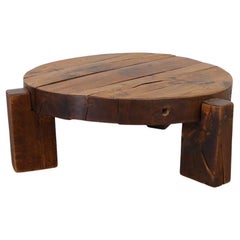 Pierre Chapo Inspired Brutalist Round Solid Oak Coffee Table