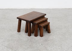 Pierre Chapo Inspired Dark Oak Brutalist Nesting Tables w/ Thick Angled Legs