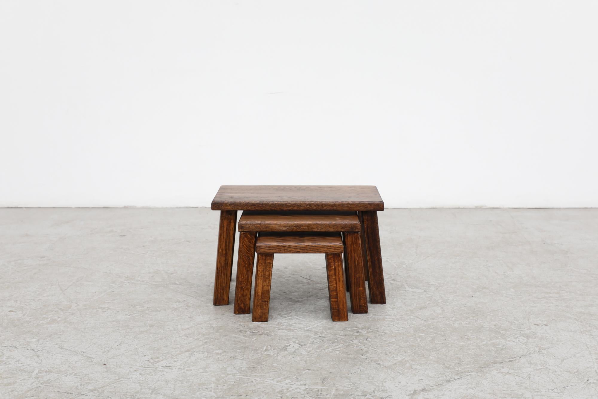 Mid-Century Modern Pierre Chapo Inspired Dark Oak Brutalist Nesting Tables w/ Thick Angled Legs For Sale