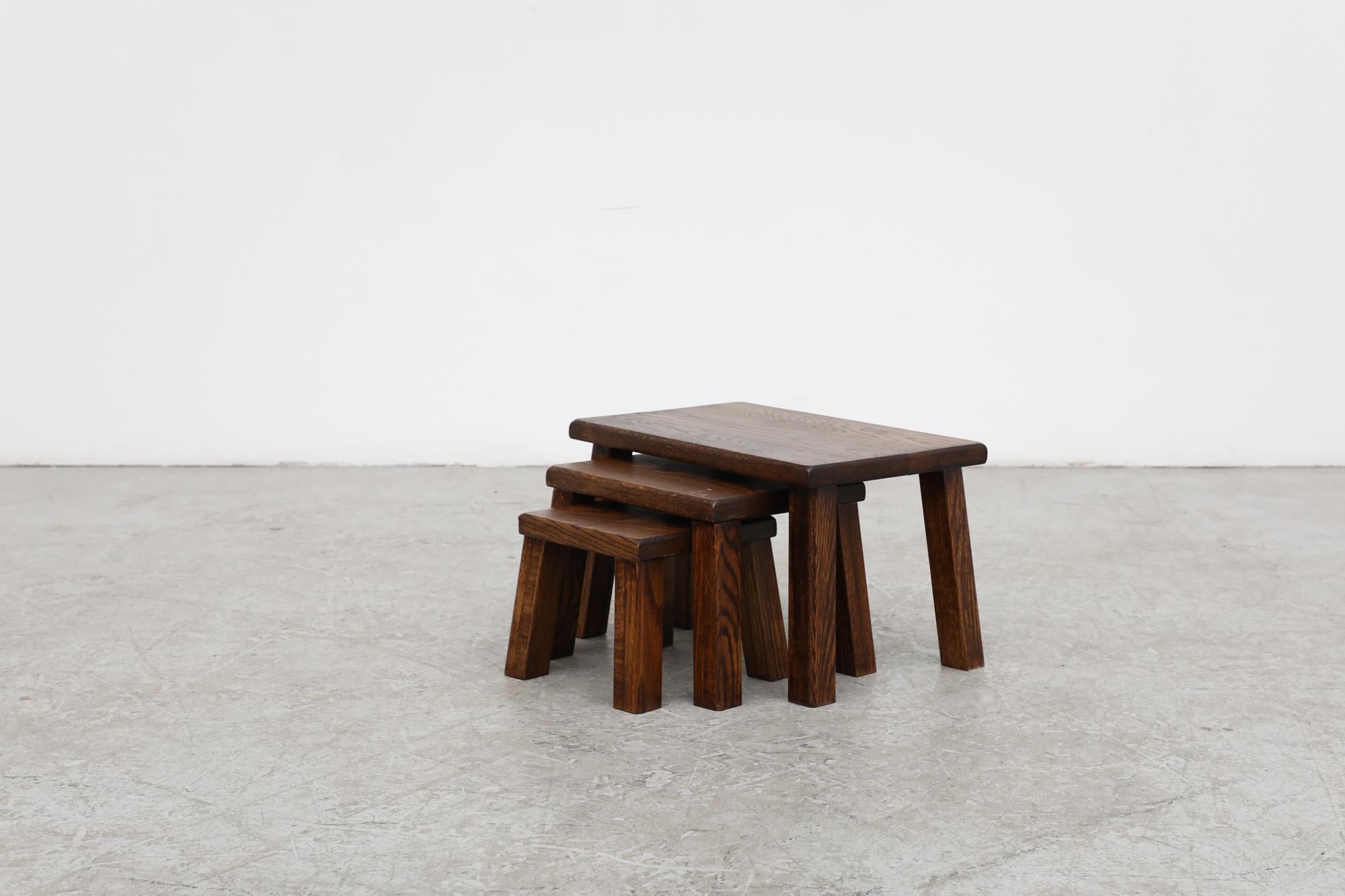 Dutch Pierre Chapo Inspired Dark Oak Brutalist Nesting Tables w/ Thick Angled Legs For Sale