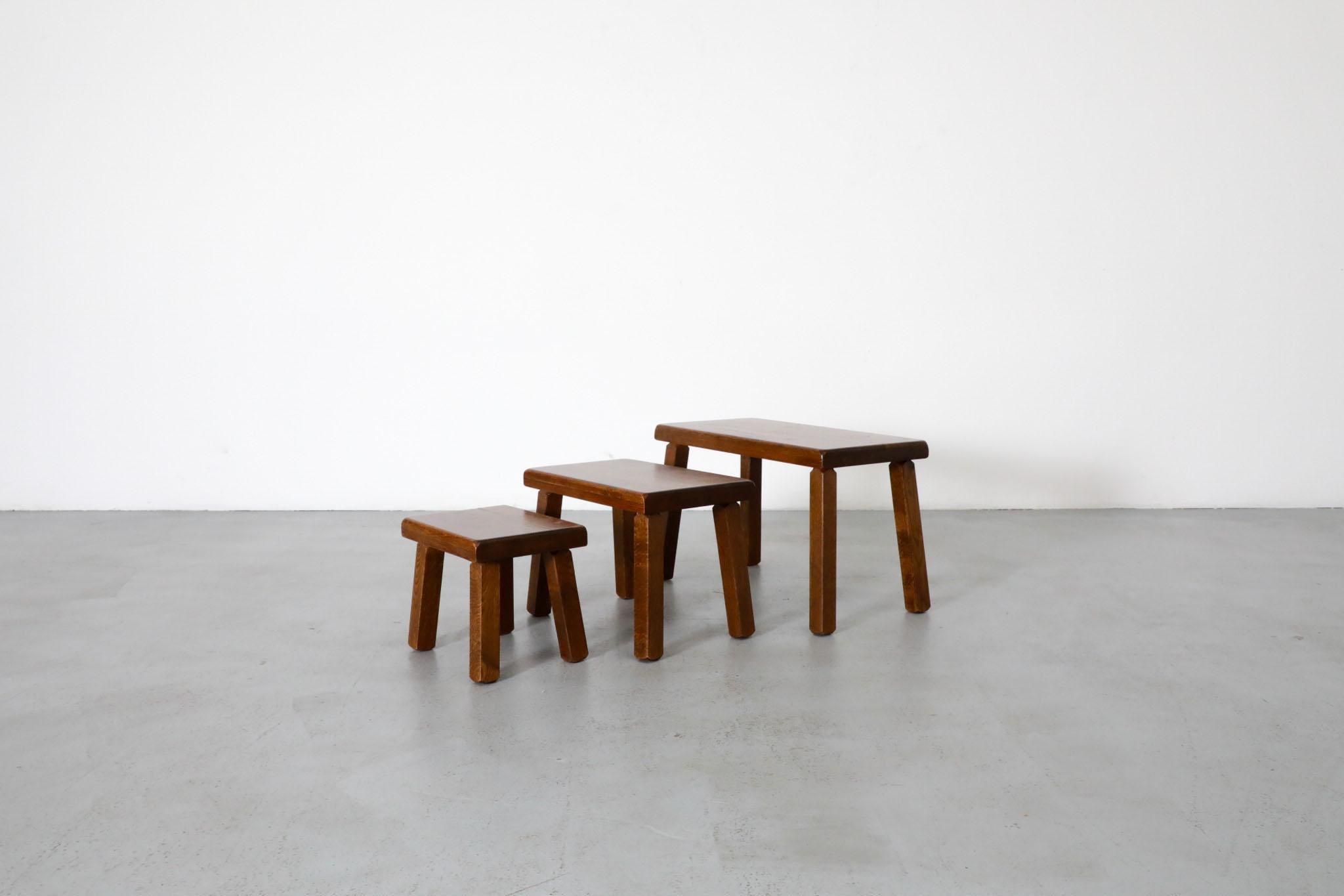 Pierre Chapo Inspired Dark Oak Brutalist Nesting Tables In Good Condition In Los Angeles, CA