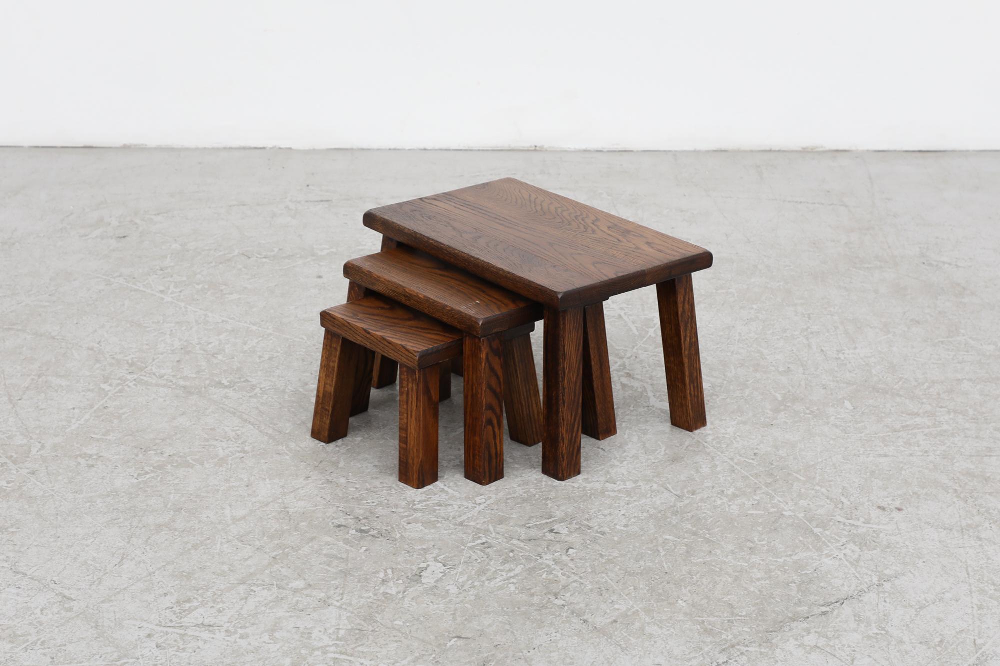 Pierre Chapo Inspired Dark Oak Brutalist Nesting Tables w/ Thick Angled Legs In Good Condition For Sale In Los Angeles, CA