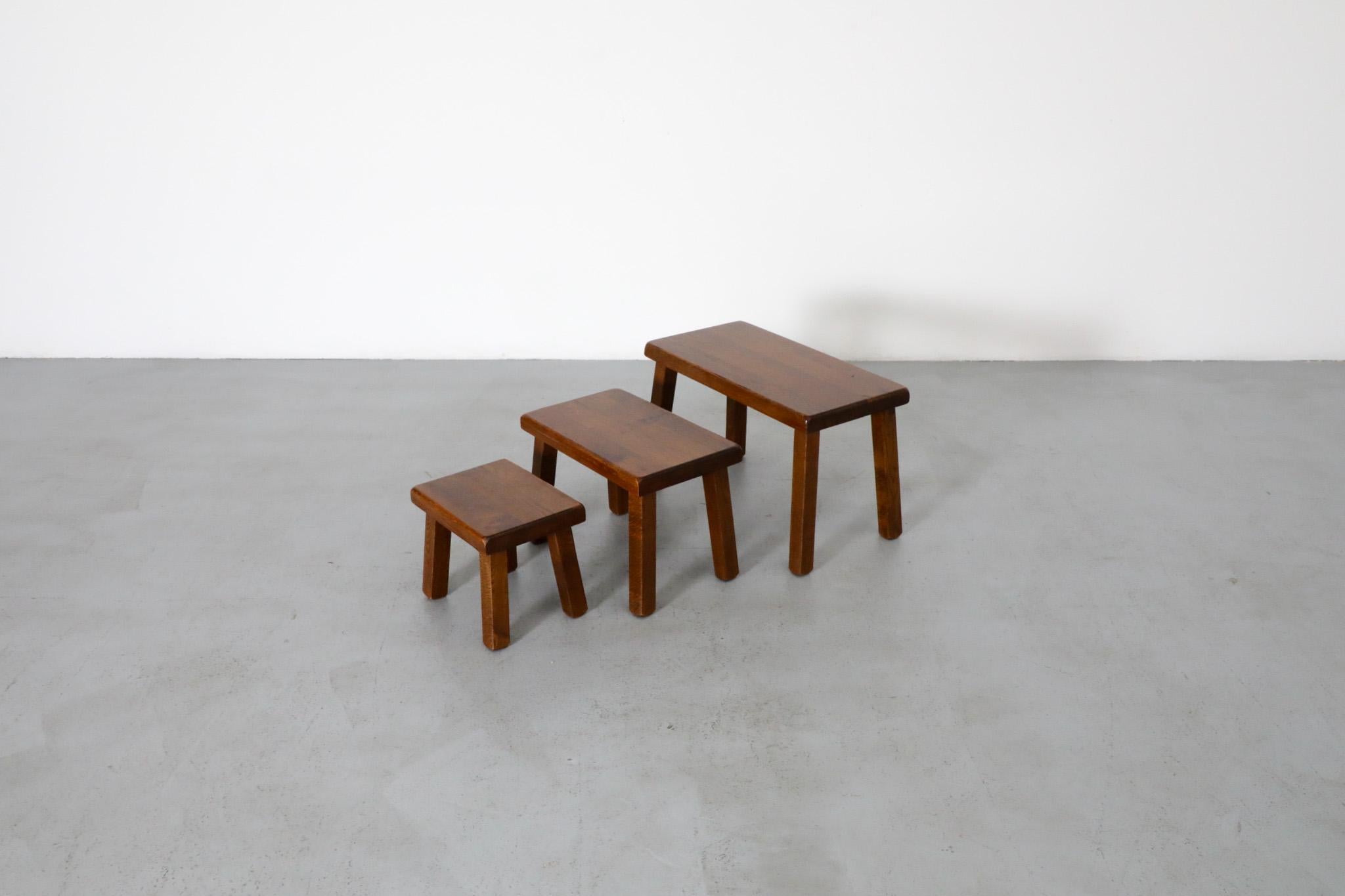 20th Century Pierre Chapo Inspired Dark Oak Brutalist Nesting Tables