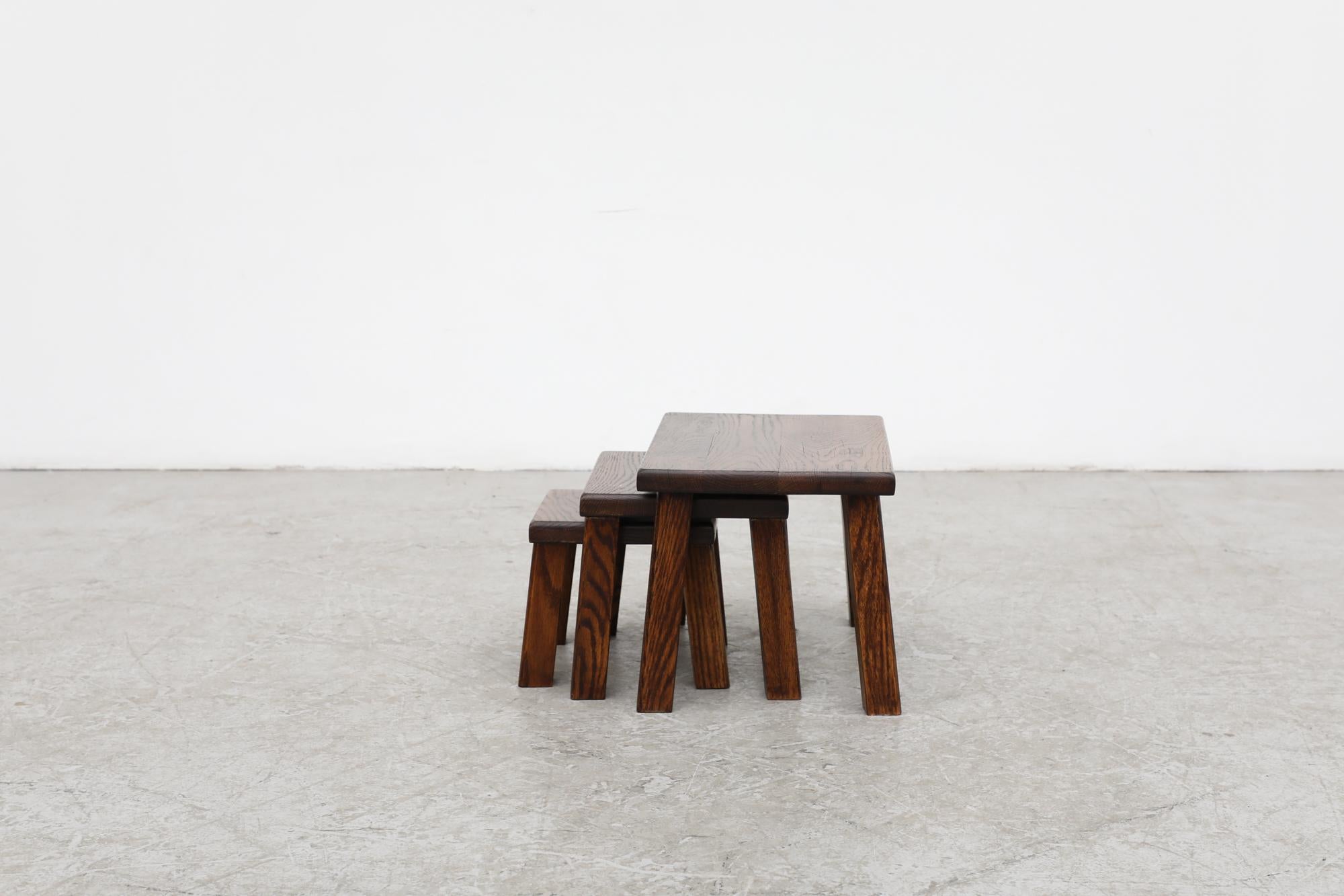 Late 20th Century Pierre Chapo Inspired Dark Oak Brutalist Nesting Tables w/ Thick Angled Legs For Sale