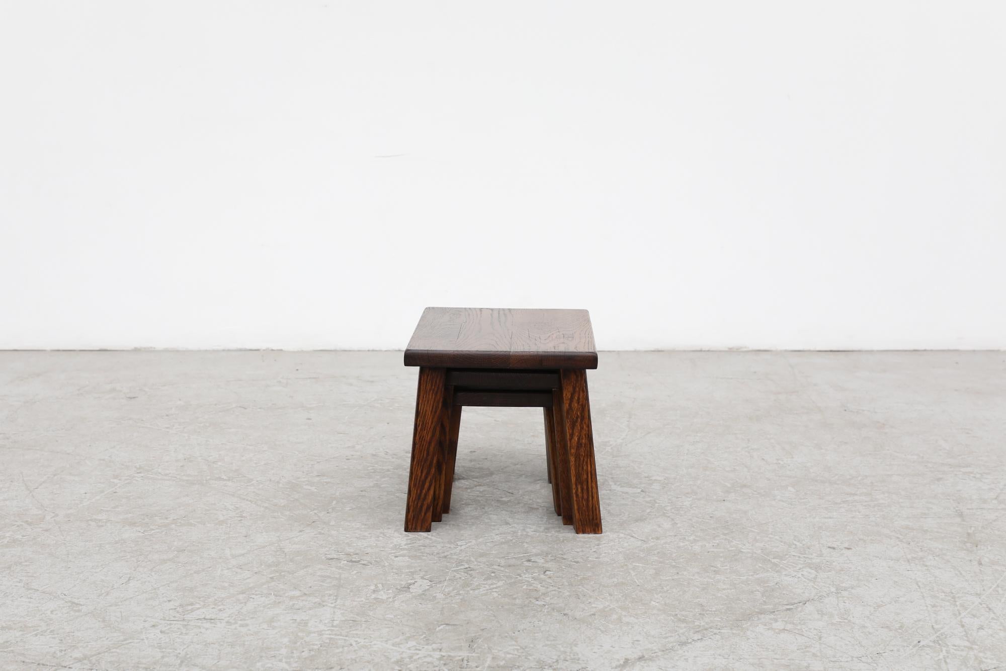 Pierre Chapo Inspired Dark Oak Brutalist Nesting Tables w/ Thick Angled Legs For Sale 1