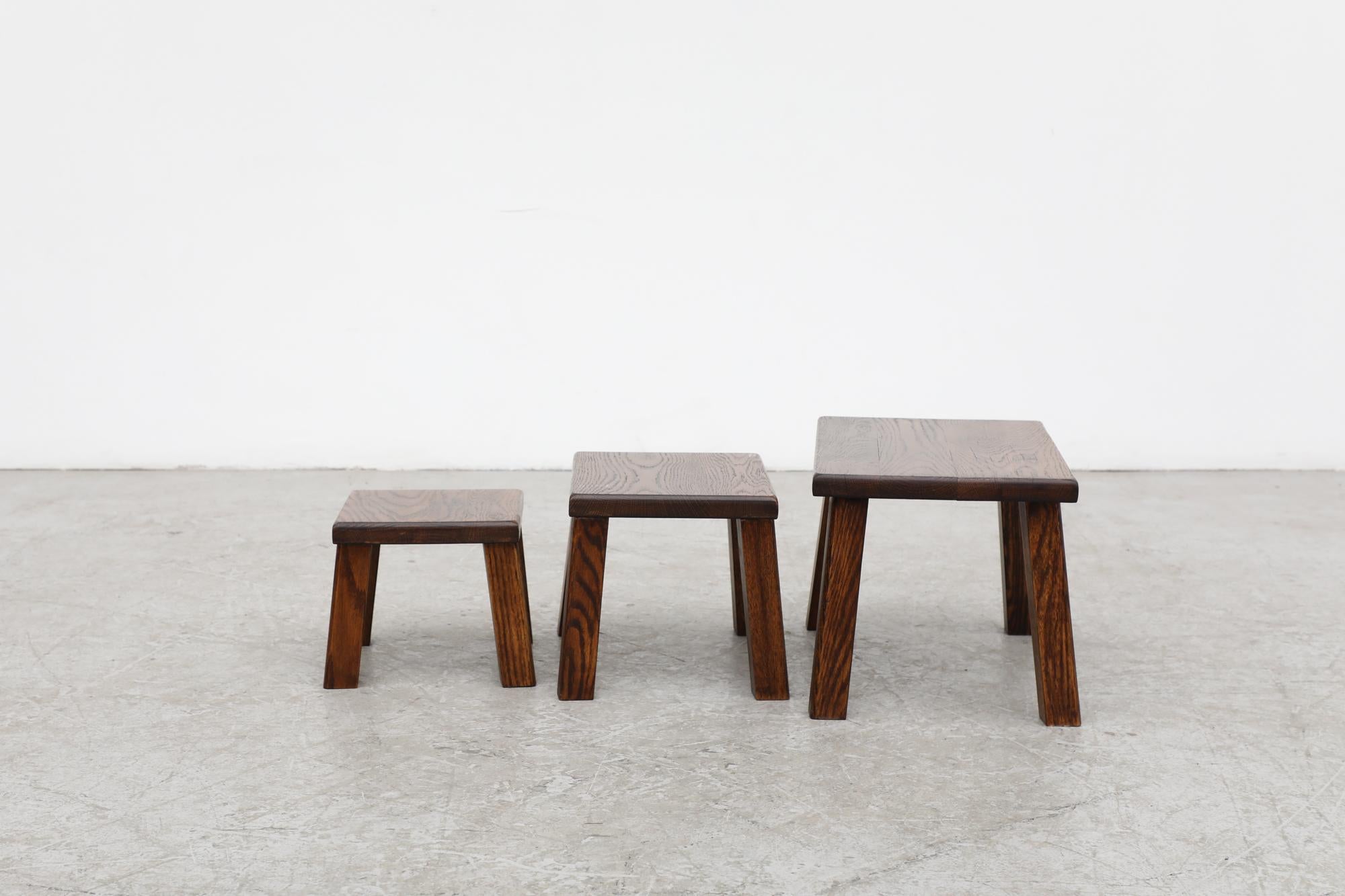 Pierre Chapo Inspired Dark Oak Brutalist Nesting Tables w/ Thick Angled Legs For Sale 2