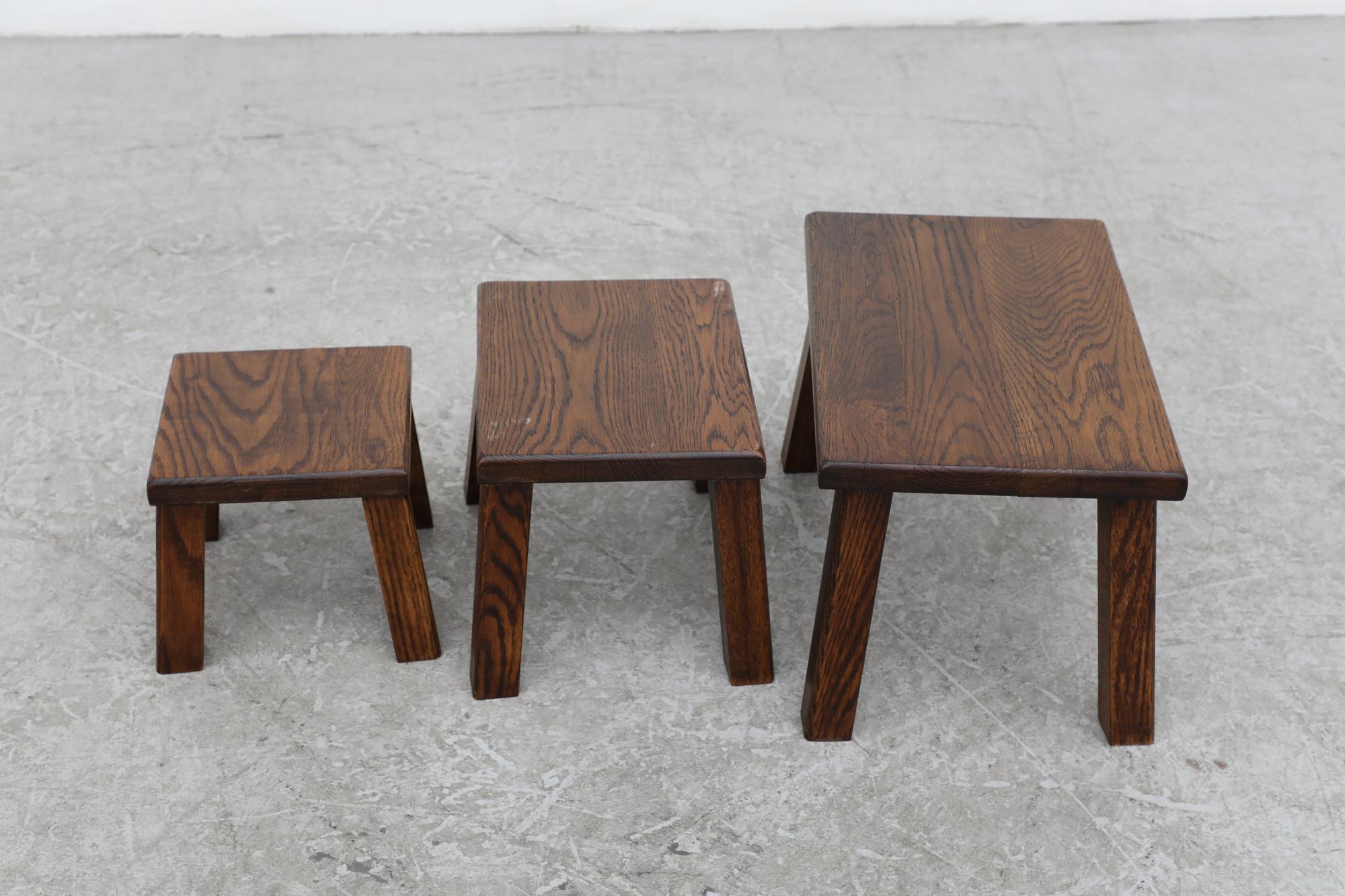 Pierre Chapo Inspired Dark Oak Brutalist Nesting Tables w/ Thick Angled Legs For Sale 3