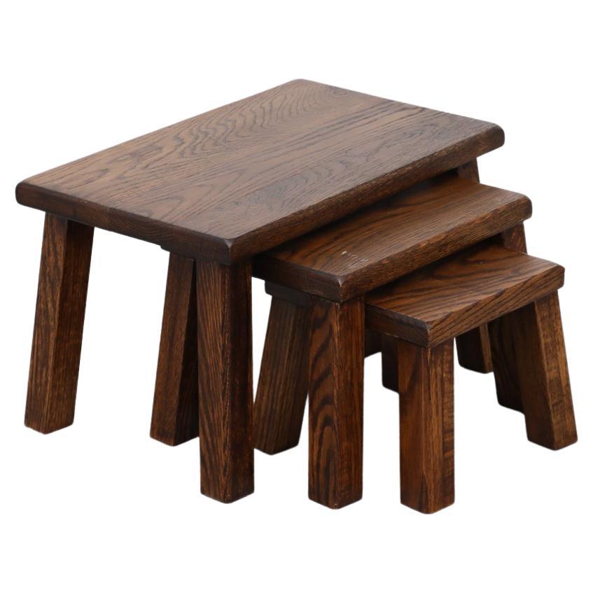 Pierre Chapo Inspired Dark Oak Brutalist Nesting Tables w/ Thick Angled Legs For Sale