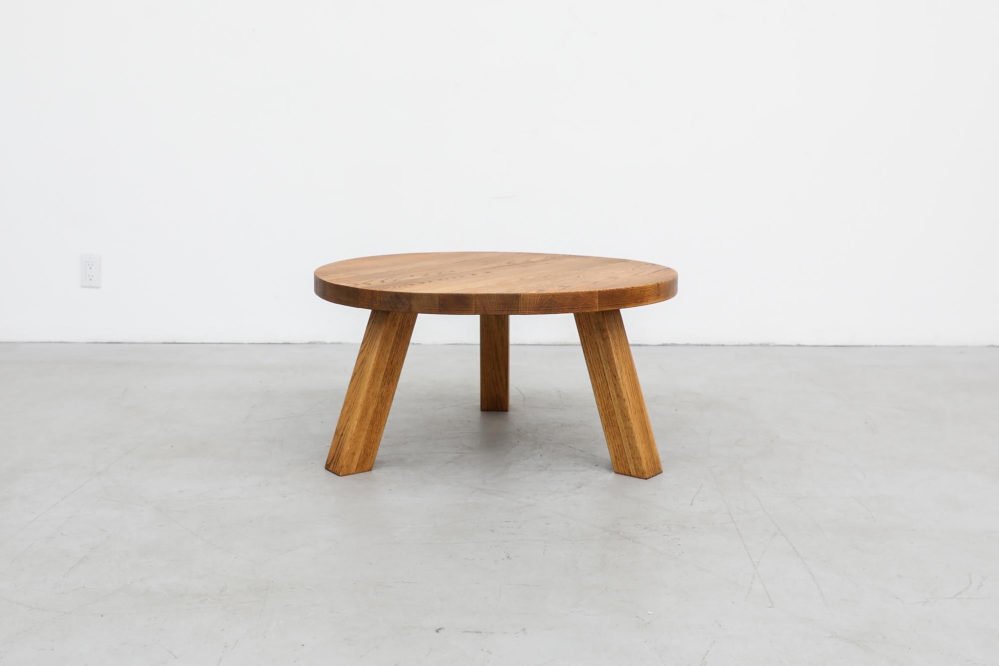 Mid-Century Modern Pierre Chapo Inspired Heavy Brutalist Round Oak Coffee Table