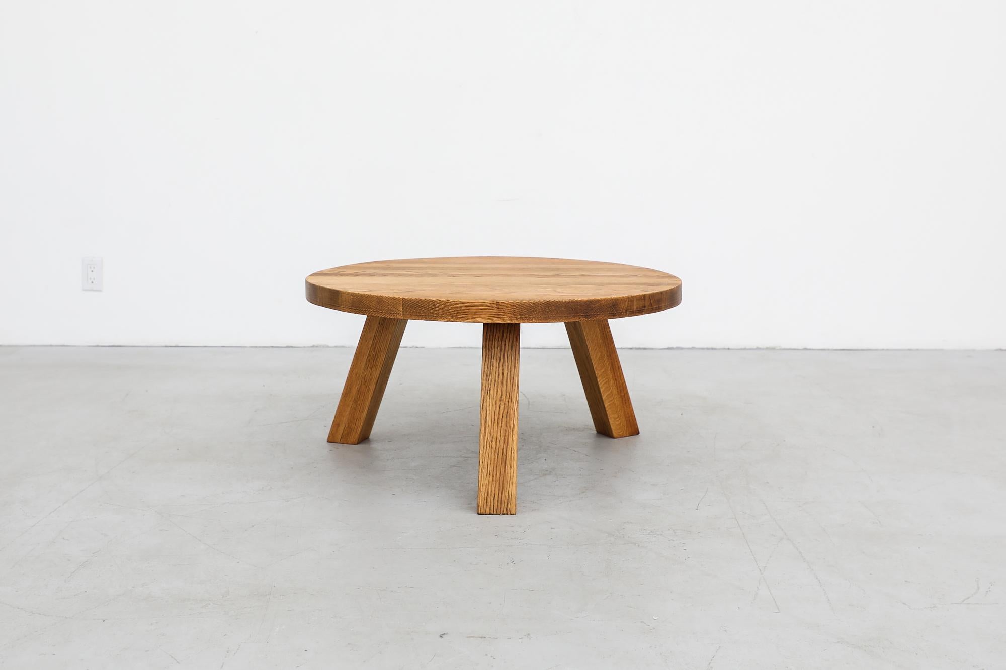 Pierre Chapo Inspired Heavy Brutalist Round Oak Coffee Table In Good Condition In Los Angeles, CA