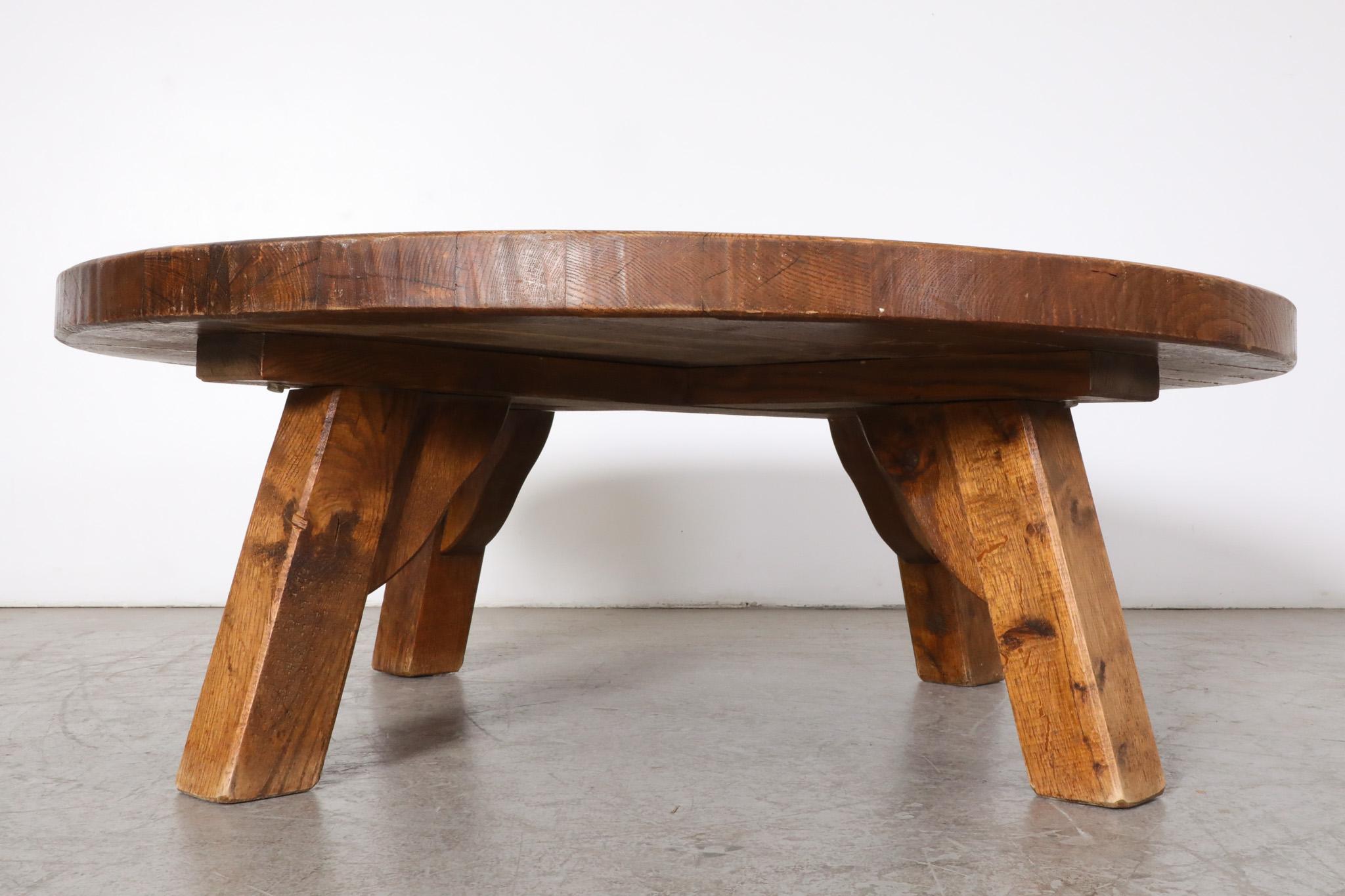 Pierre Chapo Inspired Heavy Oak Brutalist Coffee Table In Good Condition In Los Angeles, CA
