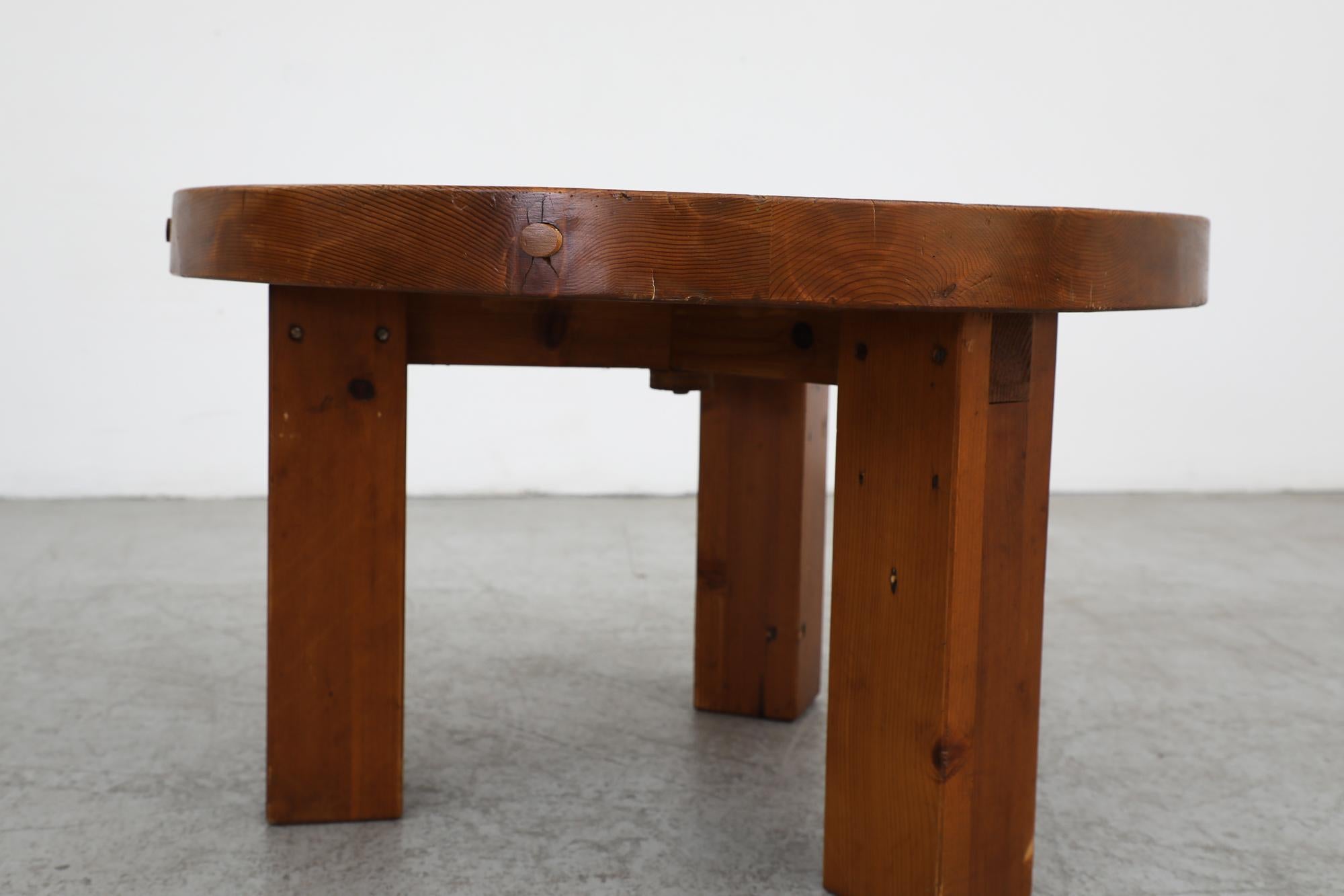 Pierre Chapo Inspired Heavy Pine Brutalist Side Table w/ Round Top & Square Legs For Sale 4
