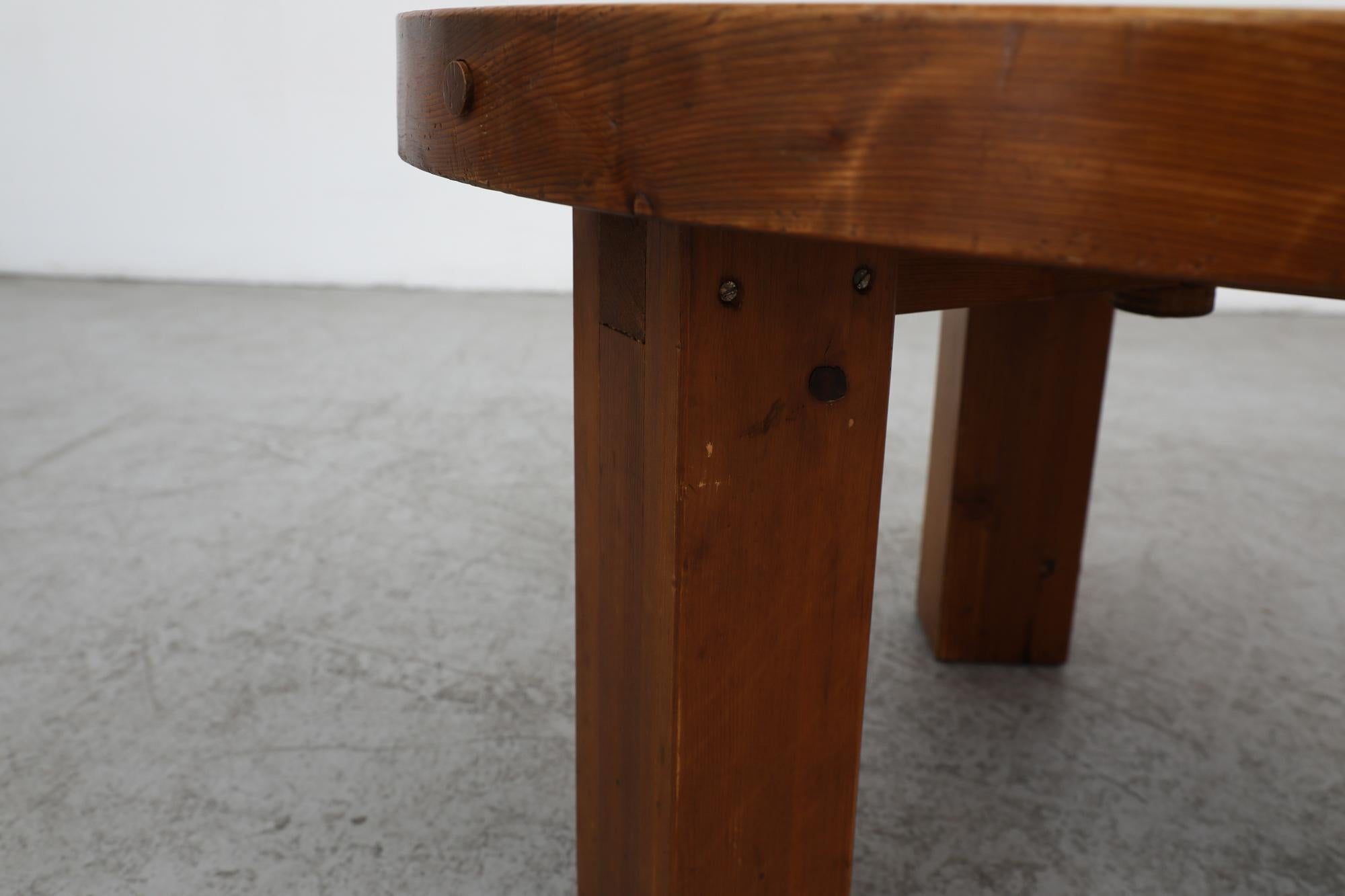 Pierre Chapo Inspired Heavy Pine Brutalist Side Table w/ Round Top & Square Legs For Sale 5