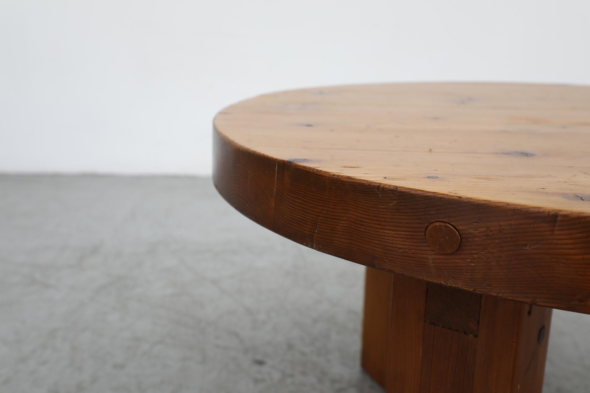 Pierre Chapo Inspired Heavy Pine Brutalist Side Table w/ Round Top & Square Legs For Sale 6