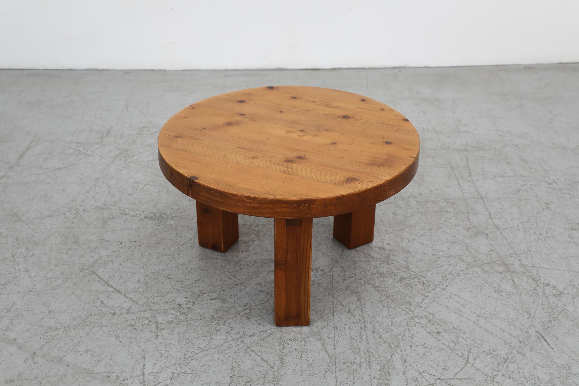 Dutch Pierre Chapo Inspired Heavy Pine Brutalist Side Table w/ Round Top & Square Legs For Sale