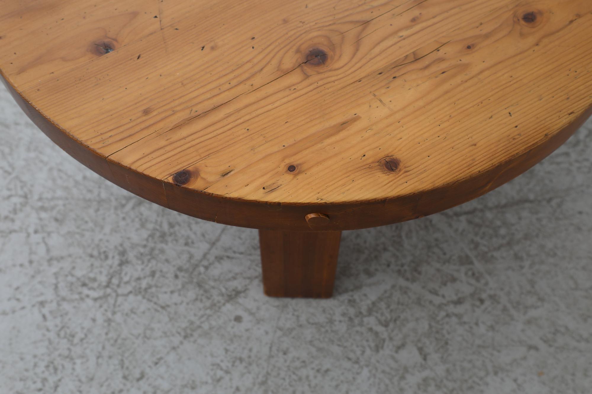 Pierre Chapo Inspired Heavy Pine Brutalist Side Table w/ Round Top & Square Legs For Sale 1