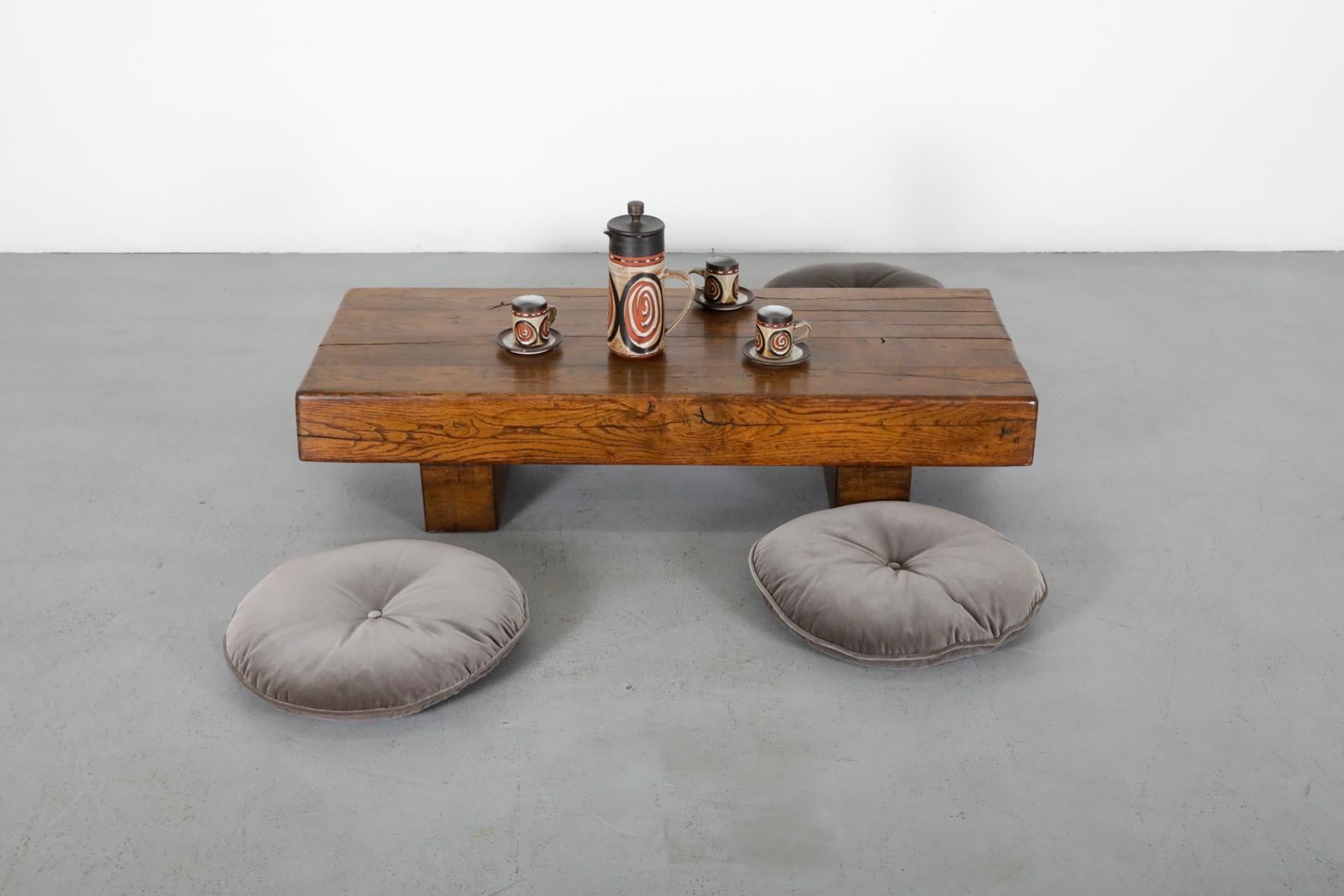 Pierre Chapo Inspired, Low, Heavy Oak Coffee Table In Good Condition In Los Angeles, CA