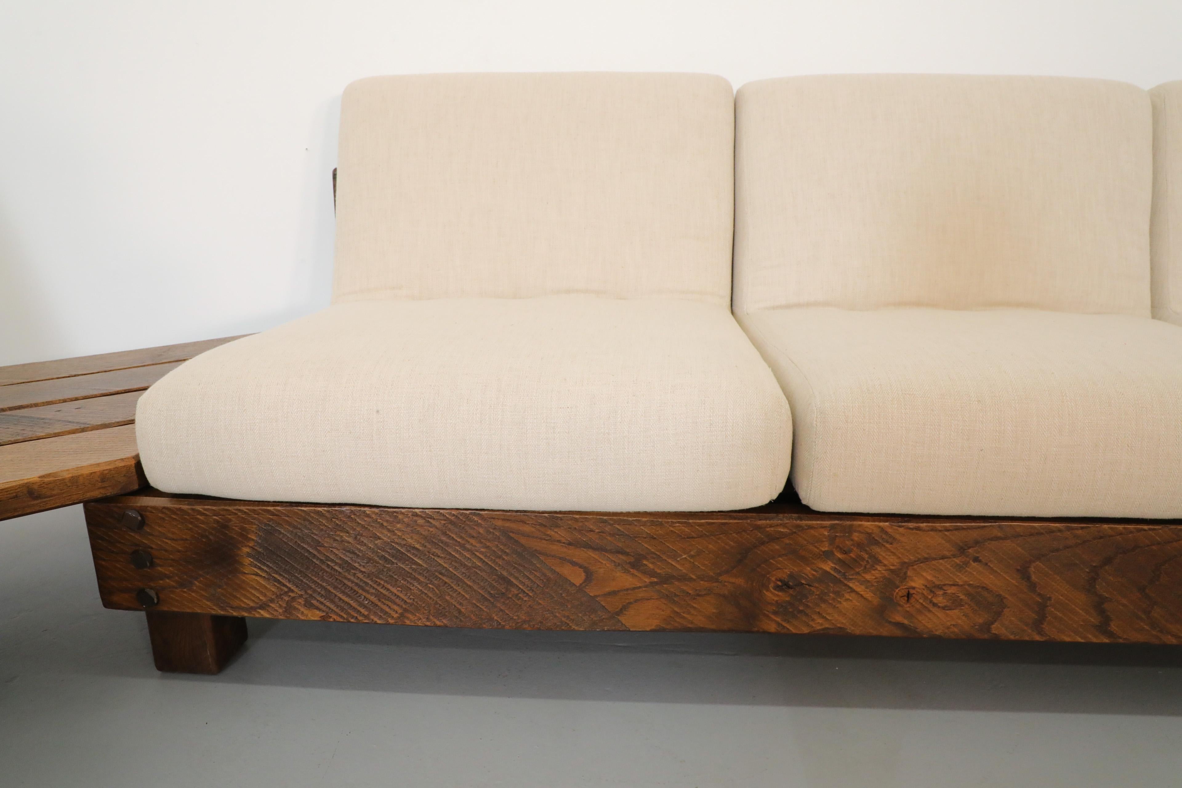 Pierre Chapo Inspired Oak Brutalist Sectional Sofa w/ Built In Corner Table For Sale 6