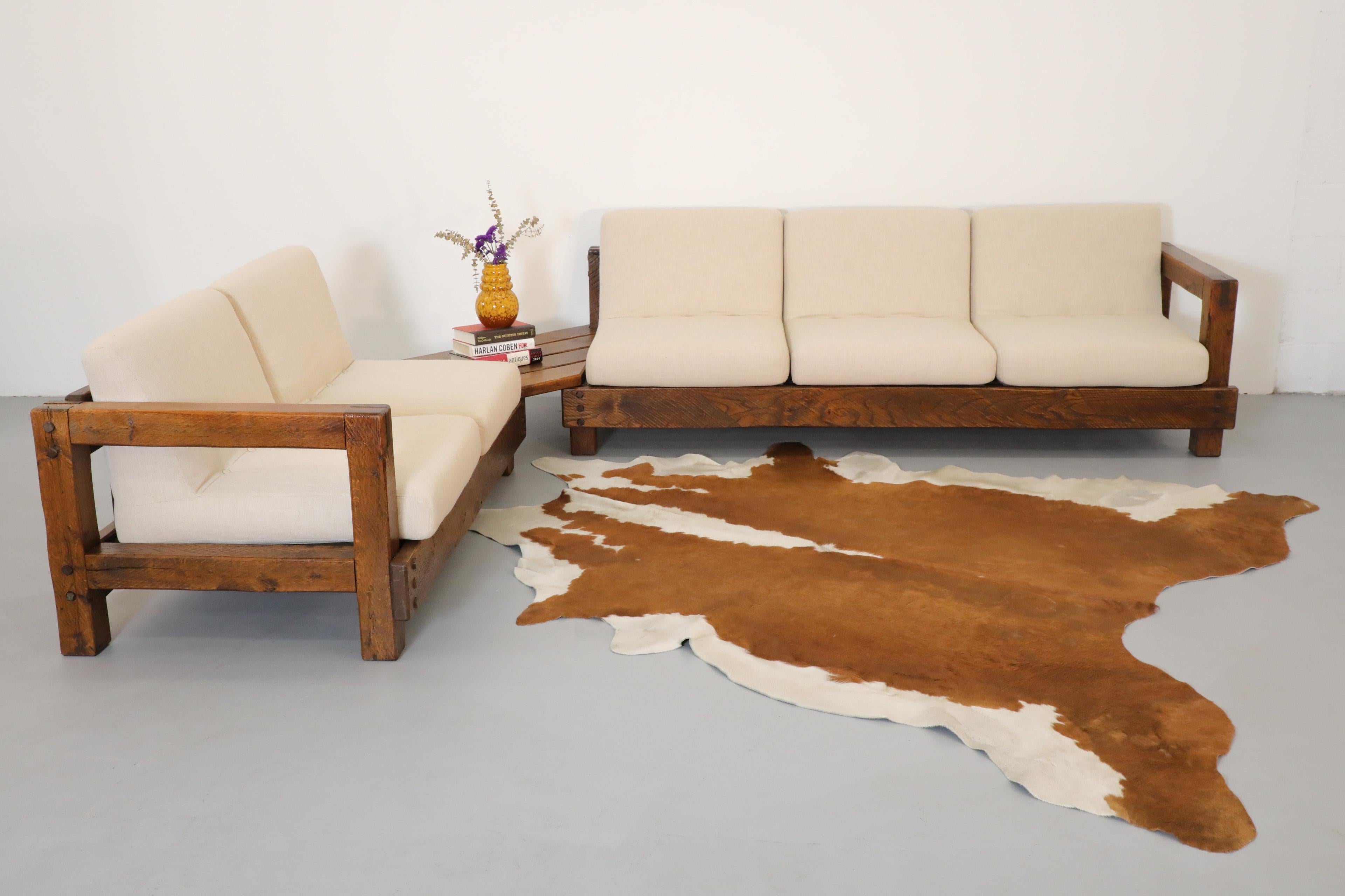 Mid-Century Modern Pierre Chapo Inspired Oak Brutalist Sectional Sofa w/ Built In Corner Table