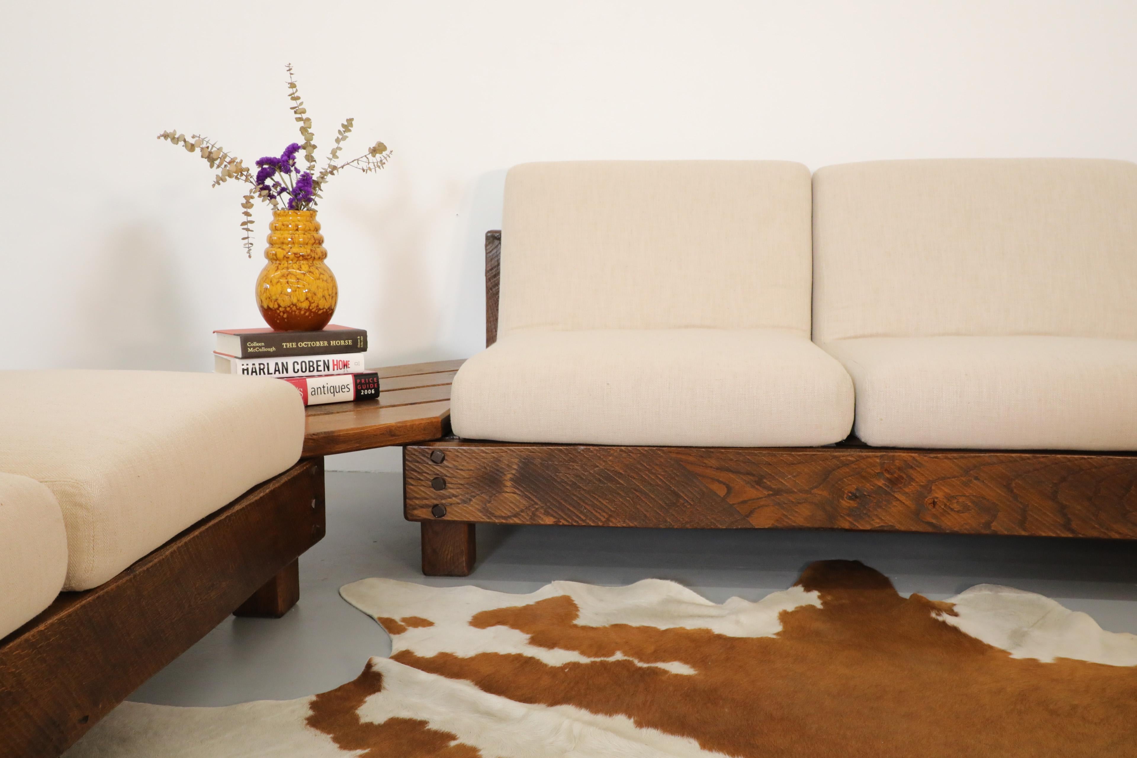 Dutch Pierre Chapo Inspired Oak Brutalist Sectional Sofa w/ Built In Corner Table