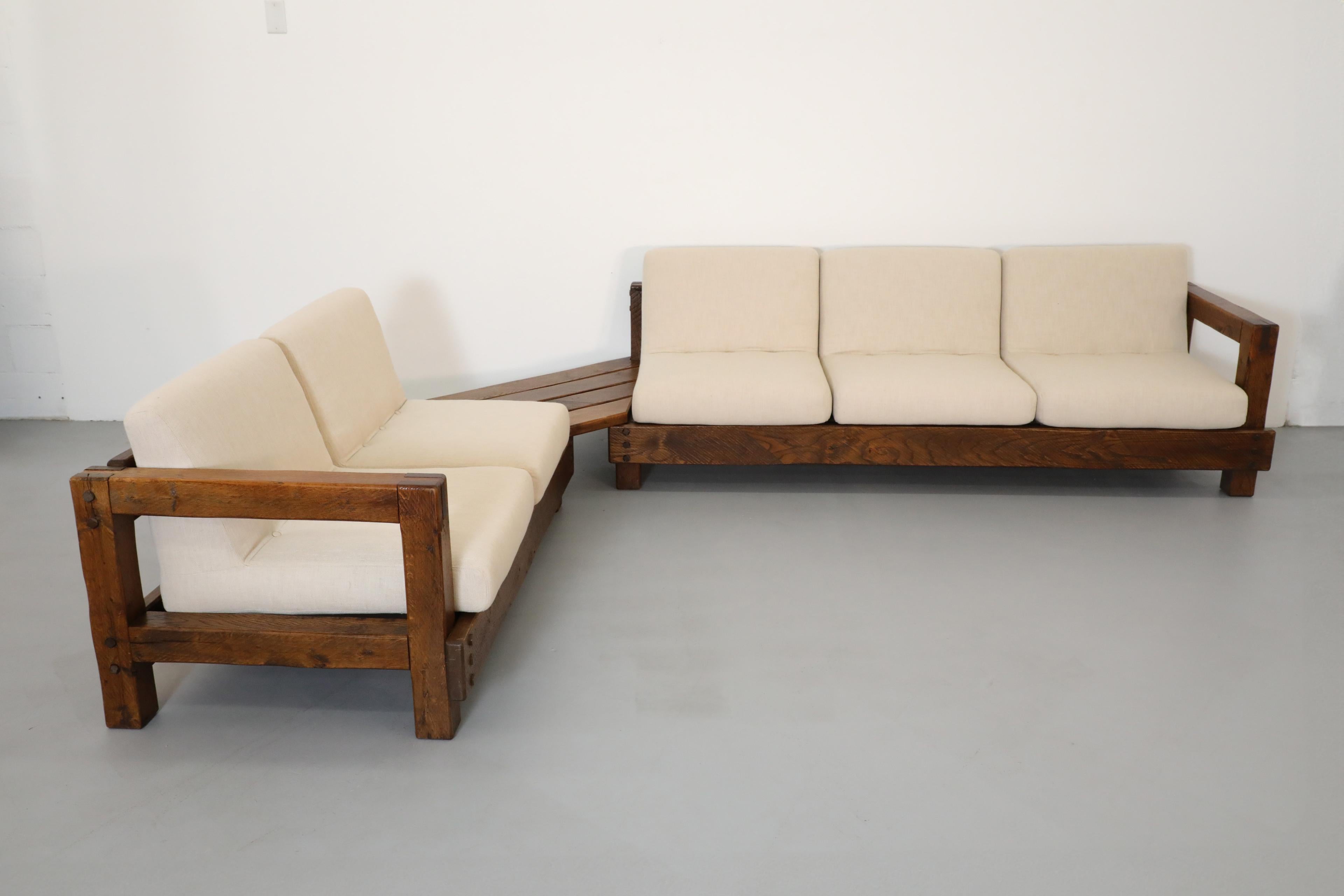 Pierre Chapo Inspired Oak Brutalist Sectional Sofa w/ Built In Corner Table In Good Condition For Sale In Los Angeles, CA