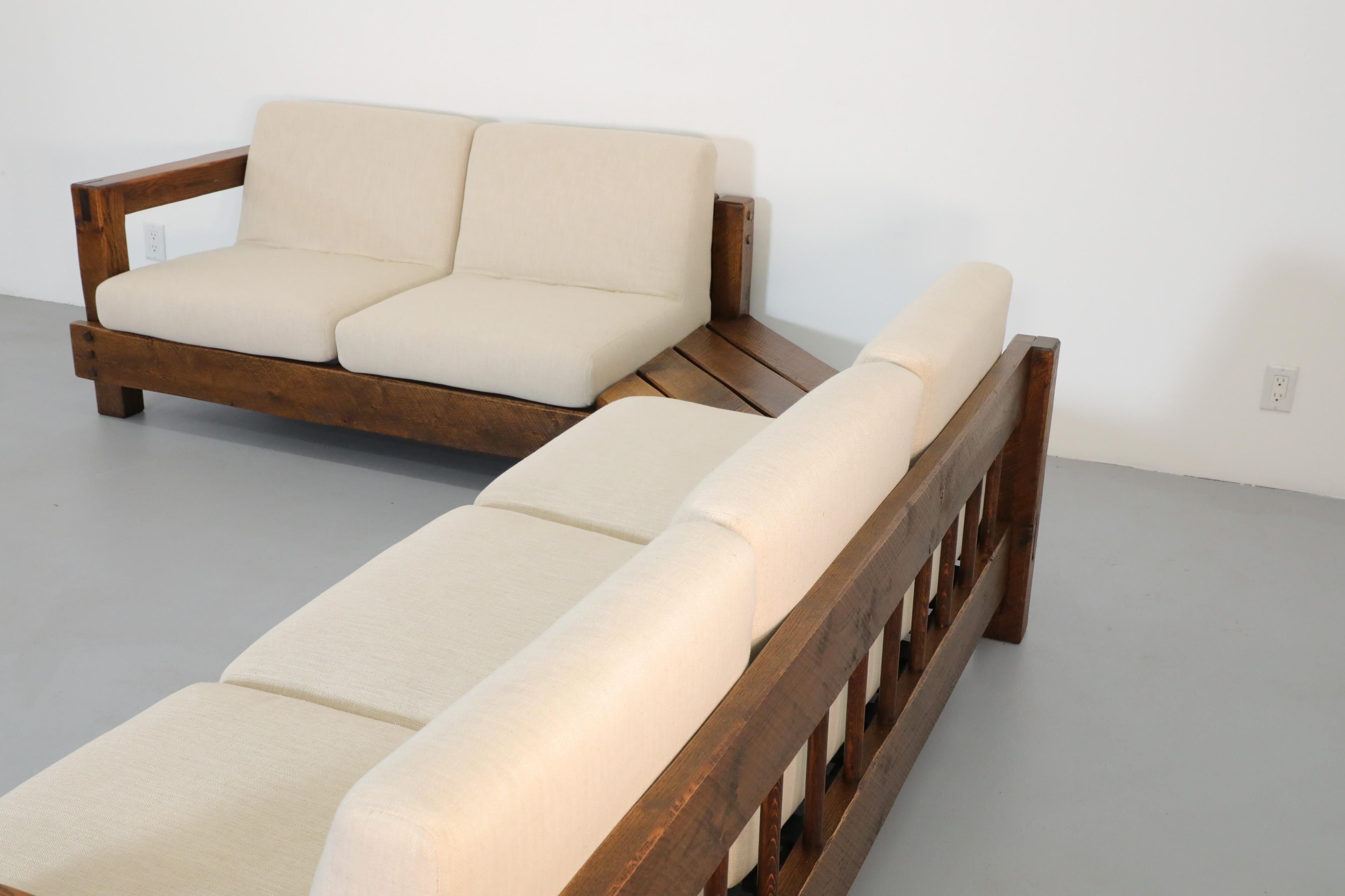 Mid-20th Century Pierre Chapo Inspired Oak Brutalist Sectional Sofa w/ Built In Corner Table