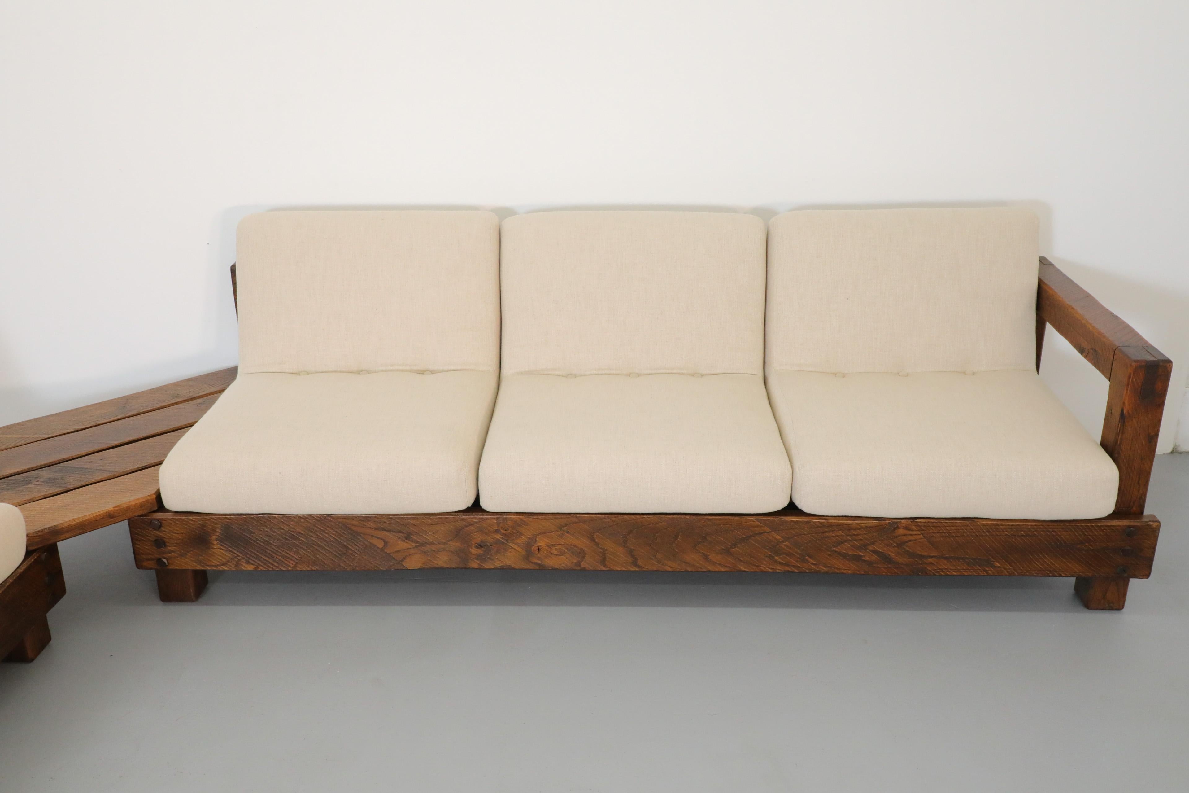 Fabric Pierre Chapo Inspired Oak Brutalist Sectional Sofa w/ Built In Corner Table For Sale