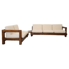 Vintage Pierre Chapo Inspired Oak Brutalist Sectional Sofa w/ Built In Corner Table