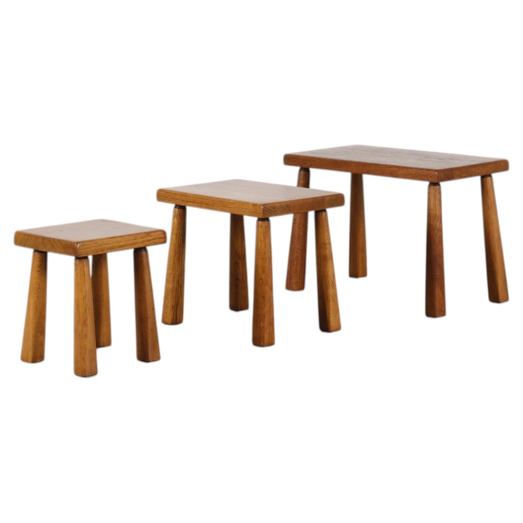 Pierre Chapo Inspired Oak Nesting Tables, Set of 3