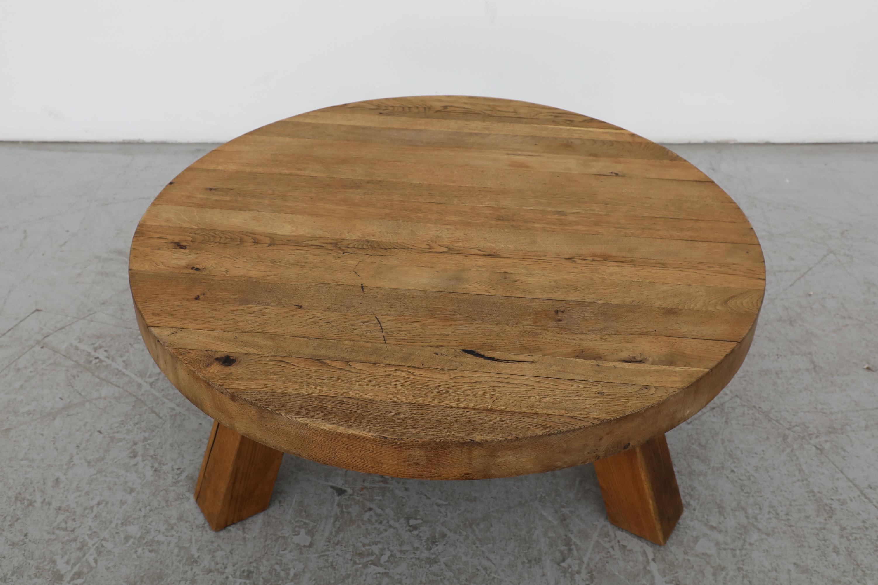 Pierre Chapo Inspired Round Brutalist Oak Coffee Table 4