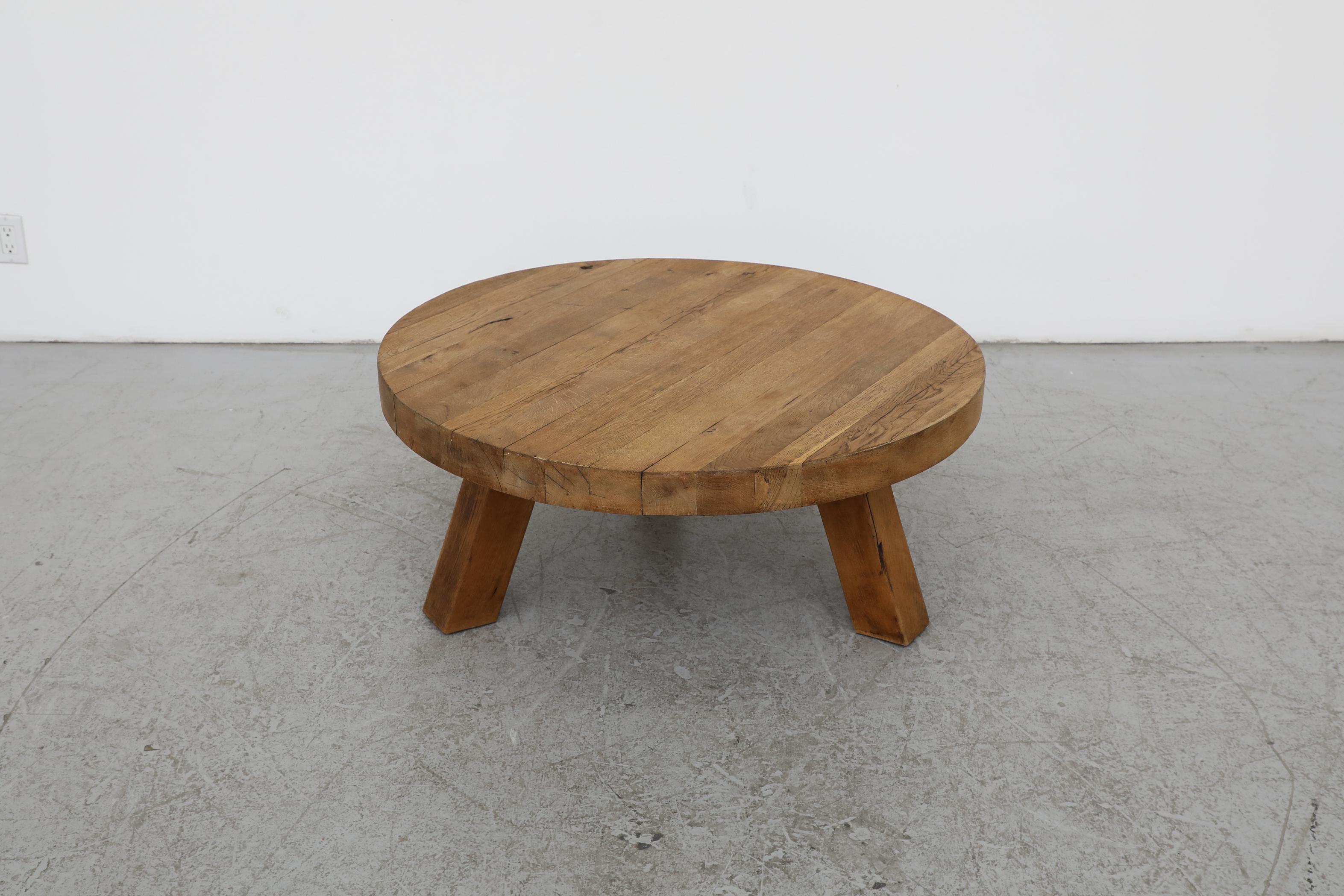 Mid-Century Modern Pierre Chapo Inspired Round Brutalist Oak Coffee Table
