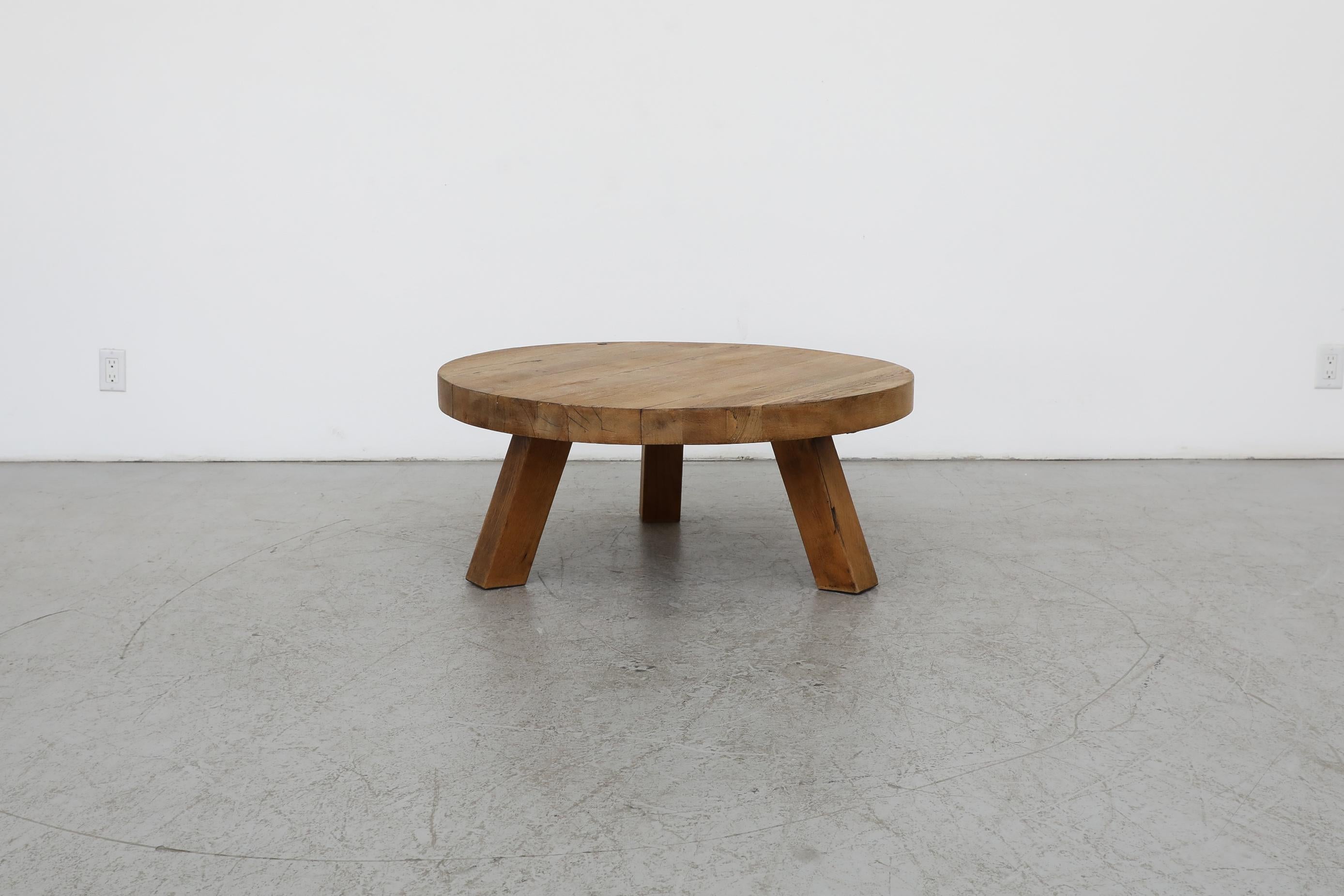 Pierre Chapo Inspired Round Brutalist Oak Coffee Table In Good Condition In Los Angeles, CA