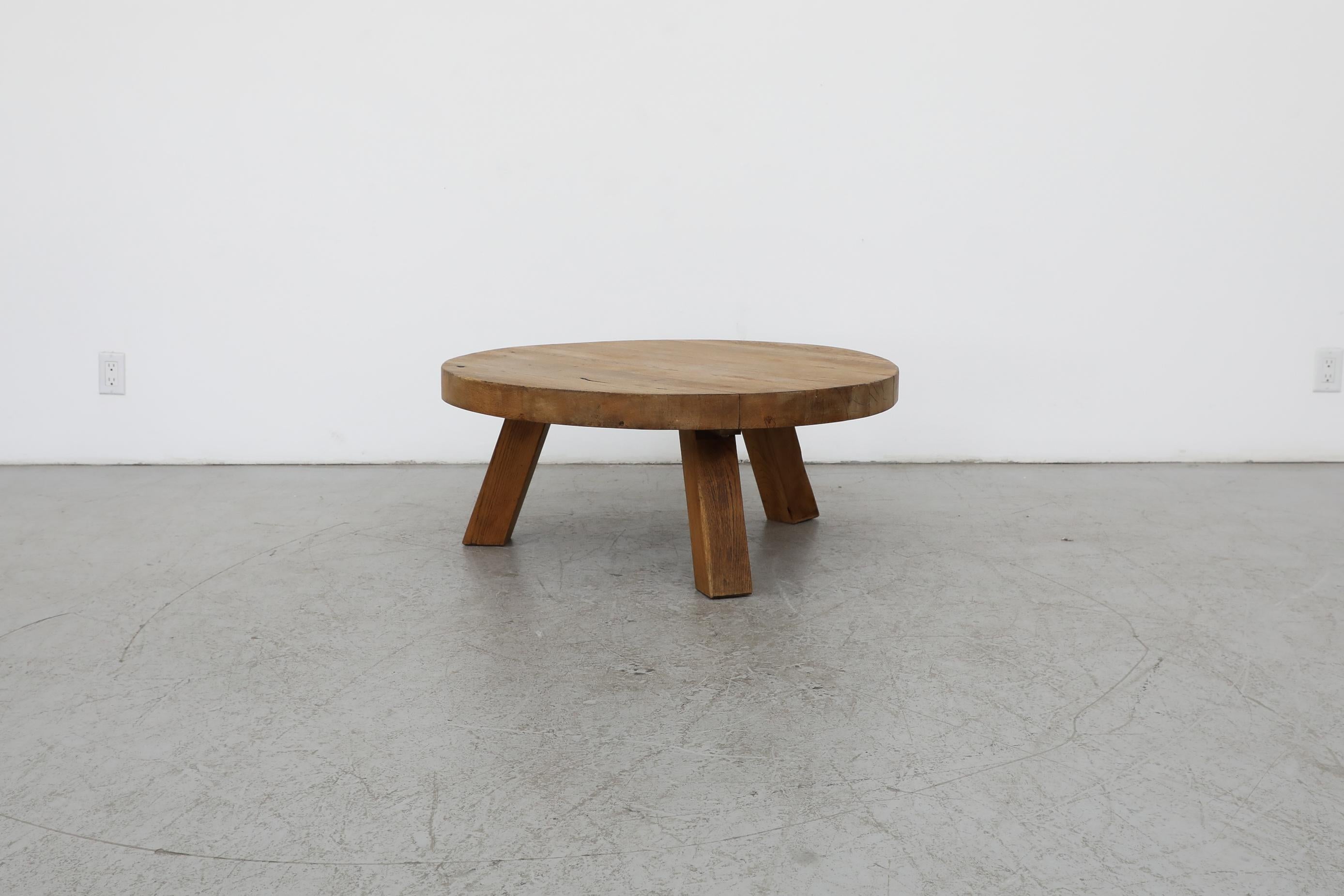 Mid-20th Century Pierre Chapo Inspired Round Brutalist Oak Coffee Table