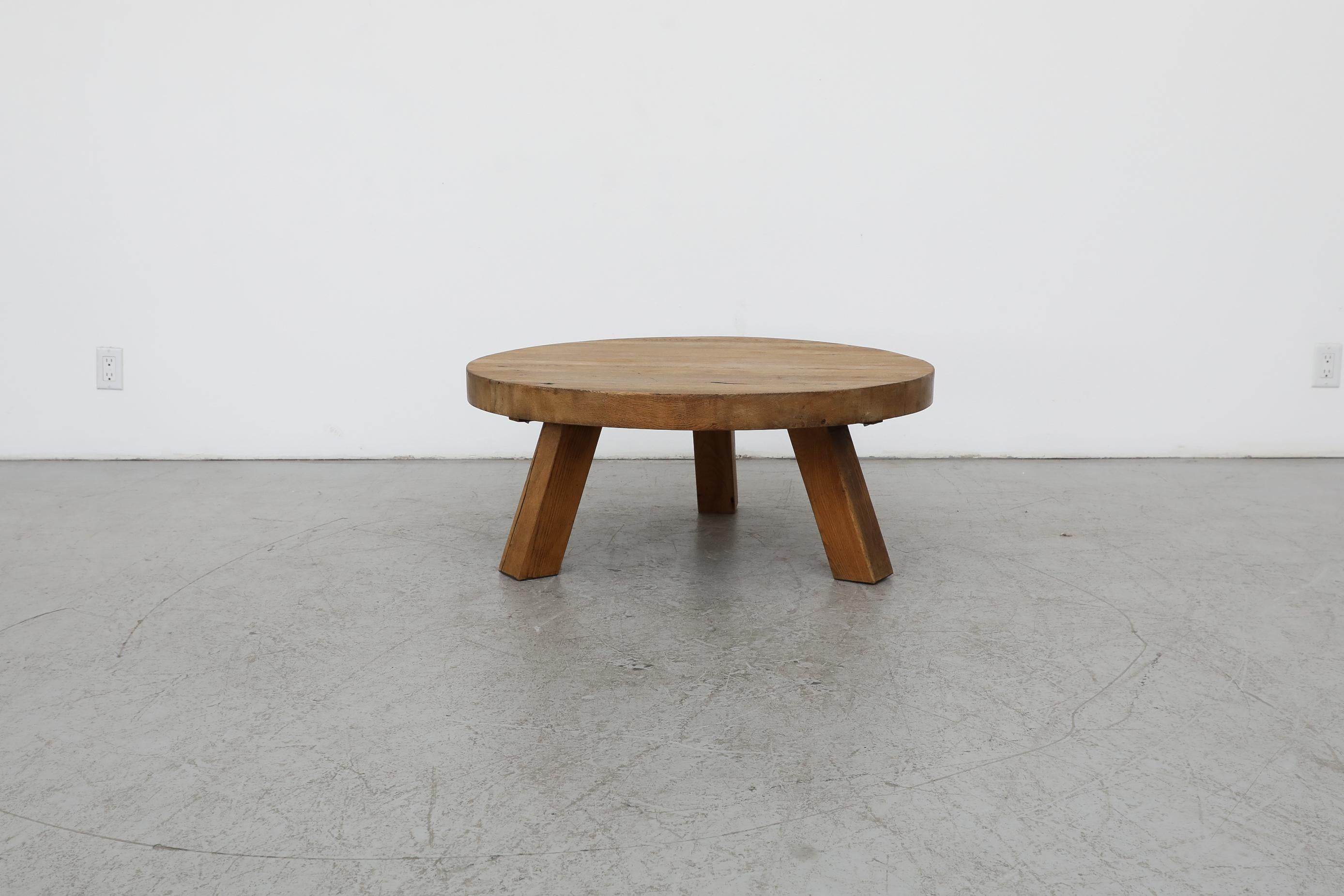 Pierre Chapo Inspired Round Brutalist Oak Coffee Table 1